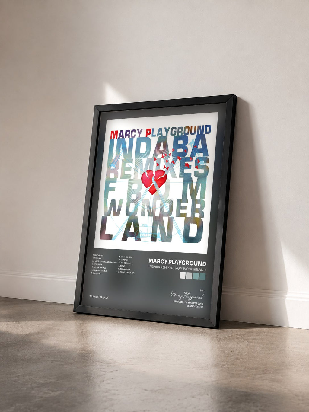 #noir Tableau de l'album Indaba Remixes From Wonderland de Marcy Playground vu de trois quarts, cadre noir
