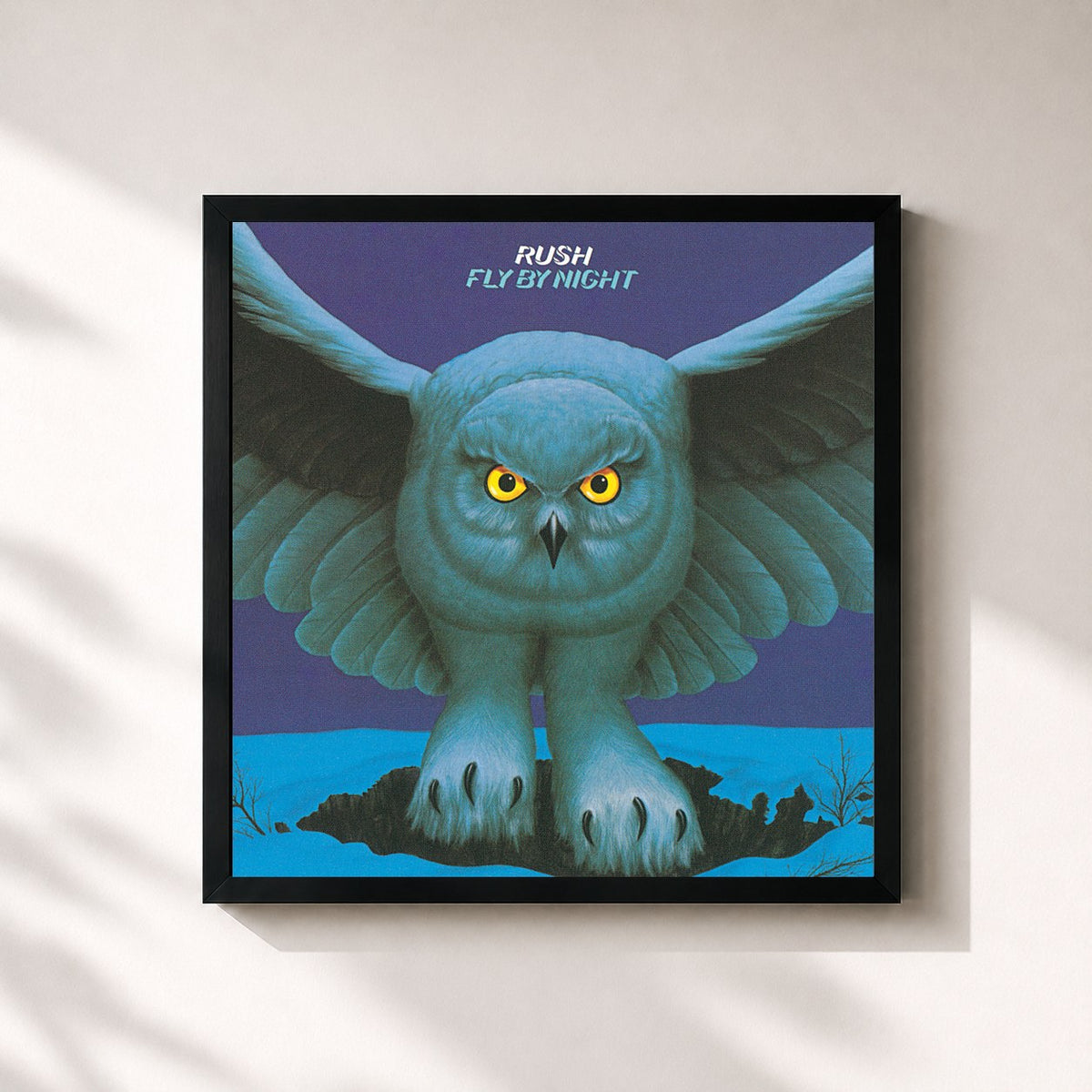 #noir Tableau carré de l'album Fly By Night de Rush, cadre noir 32x32 cm