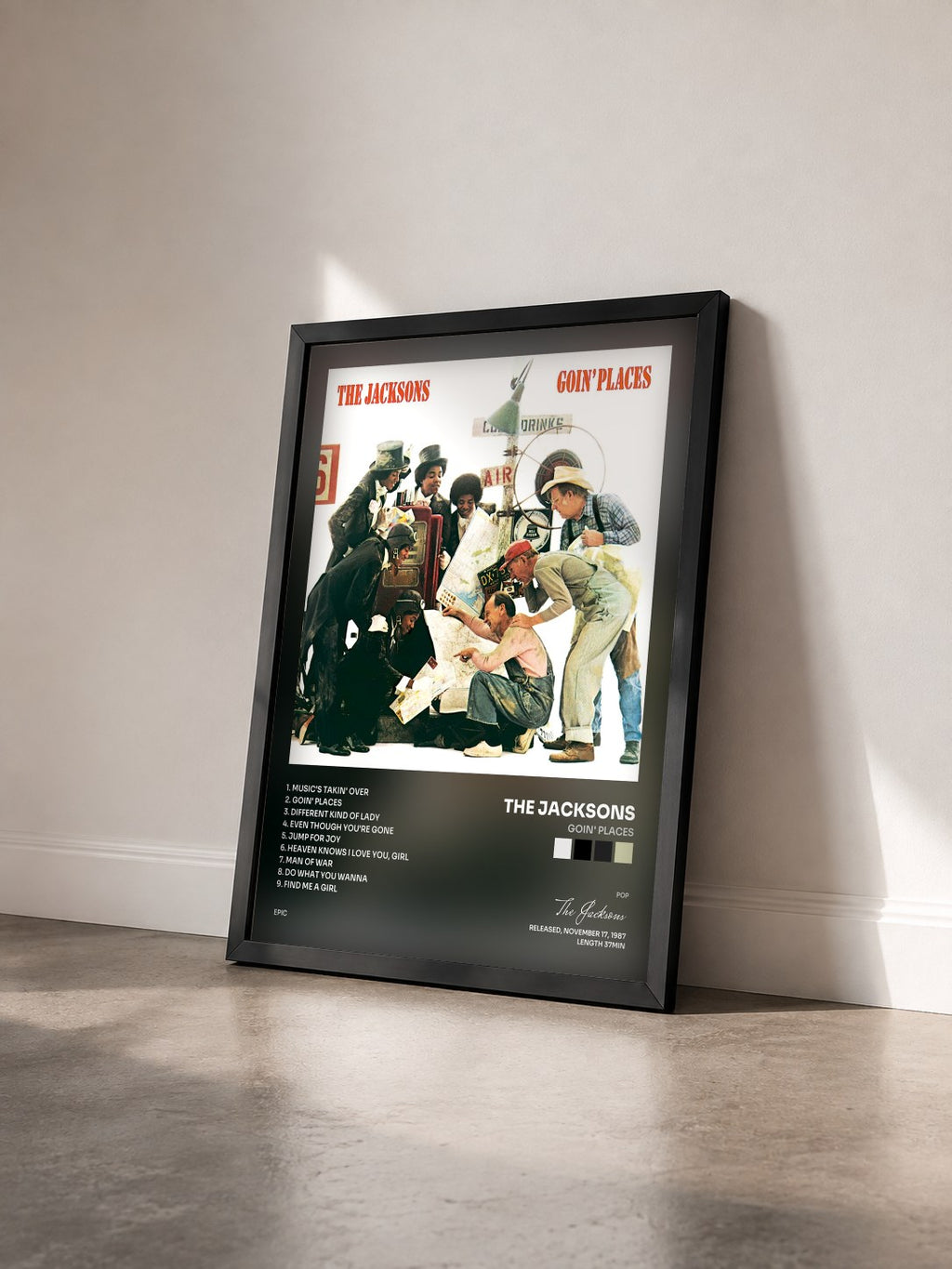 #noir Goin' Places von The Jacksons als gerahmter Kunstdruck von schräg gesehen, schwarzer Rahmen