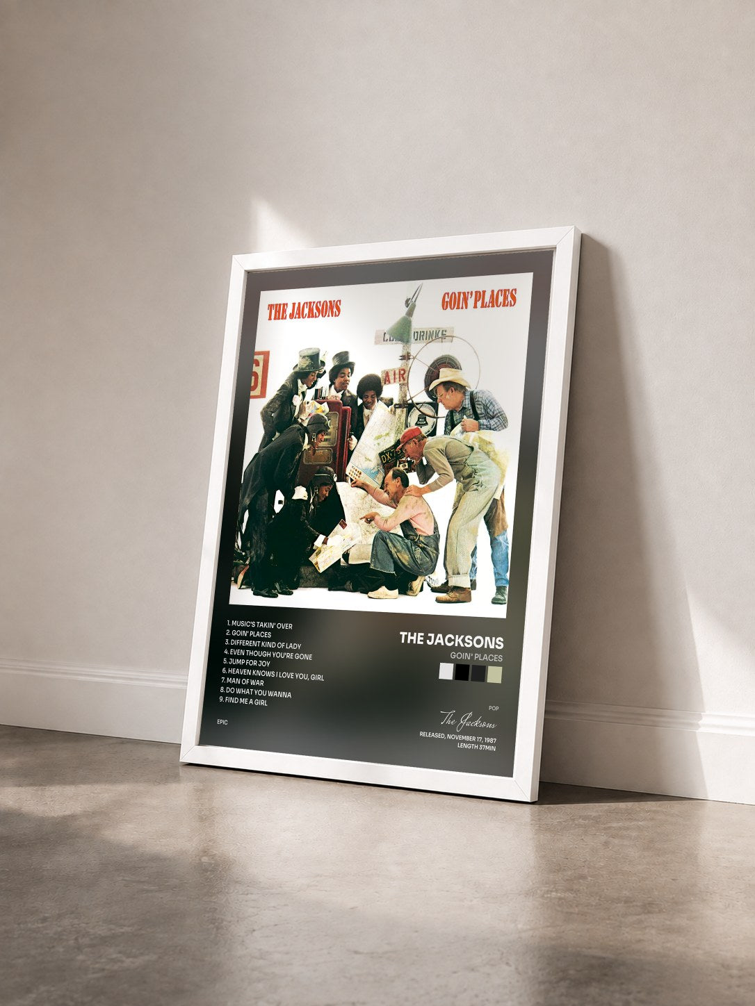 #blanc Tableau de l'album Goin' Places de The Jacksons vu de trois quarts, cadre blanc