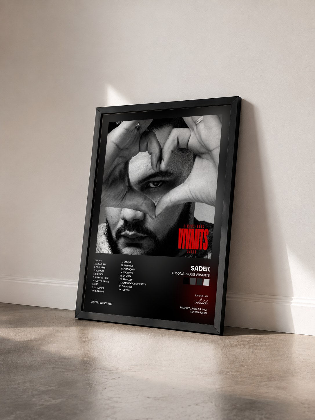 #noir Tableau de l'album Aimons-Nous Vivants de Sadek vu de trois quarts, cadre noir