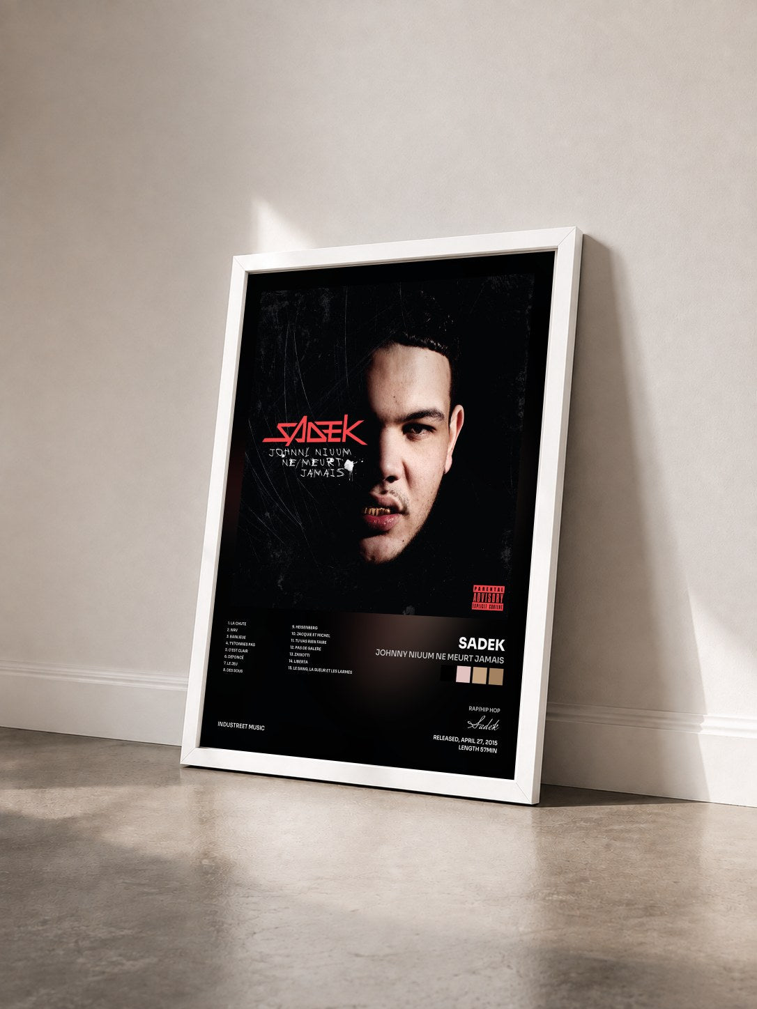 #blanc Tableau de l'album Johnny Niuum ne meurt jamais de Sadek vu de trois quarts, cadre blanc