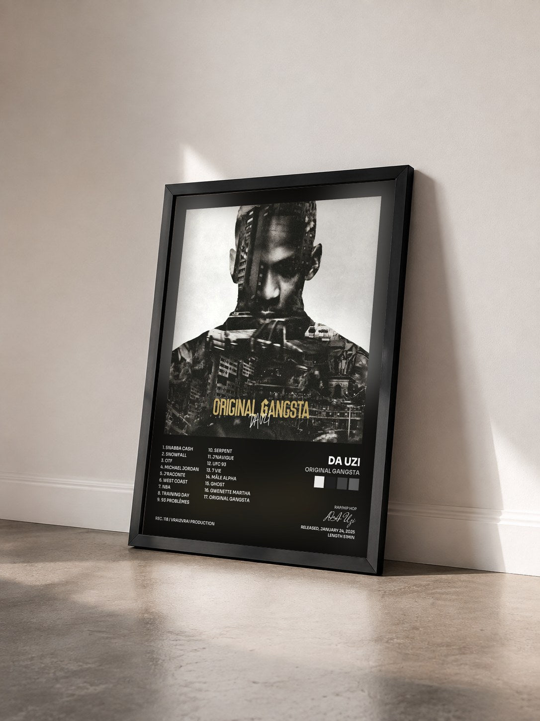 #noir ORIGINAL GANGSTA by DA Uzi as a framed art print seen at an angle, black frame