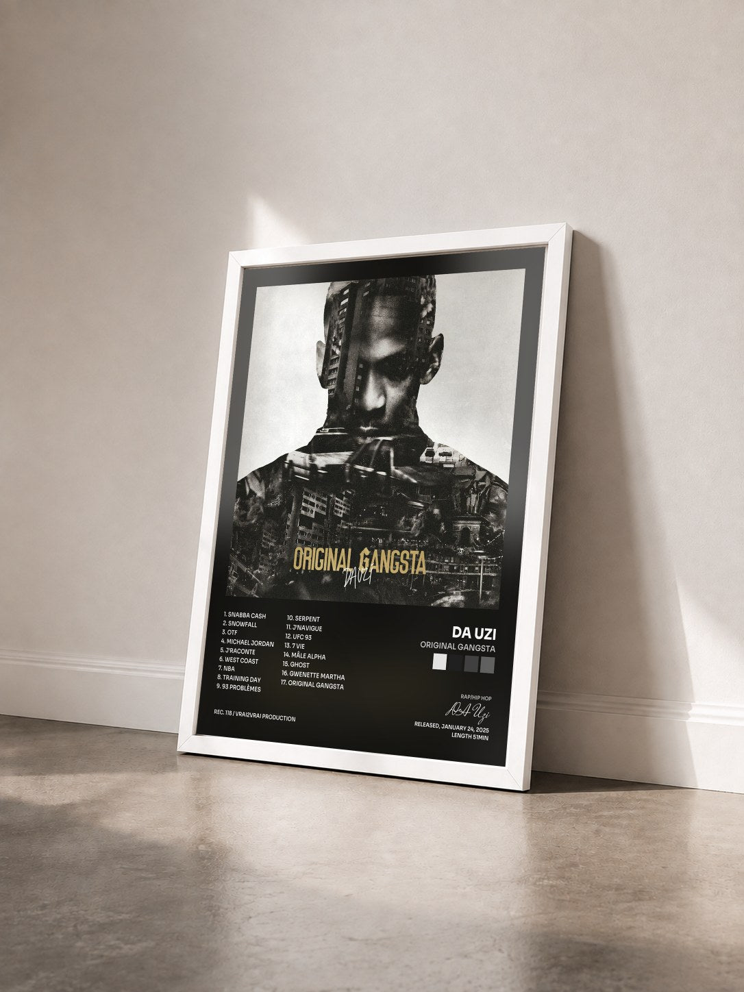 #blanc ORIGINAL GANGSTA by DA Uzi as a framed art print seen at an angle, white frame