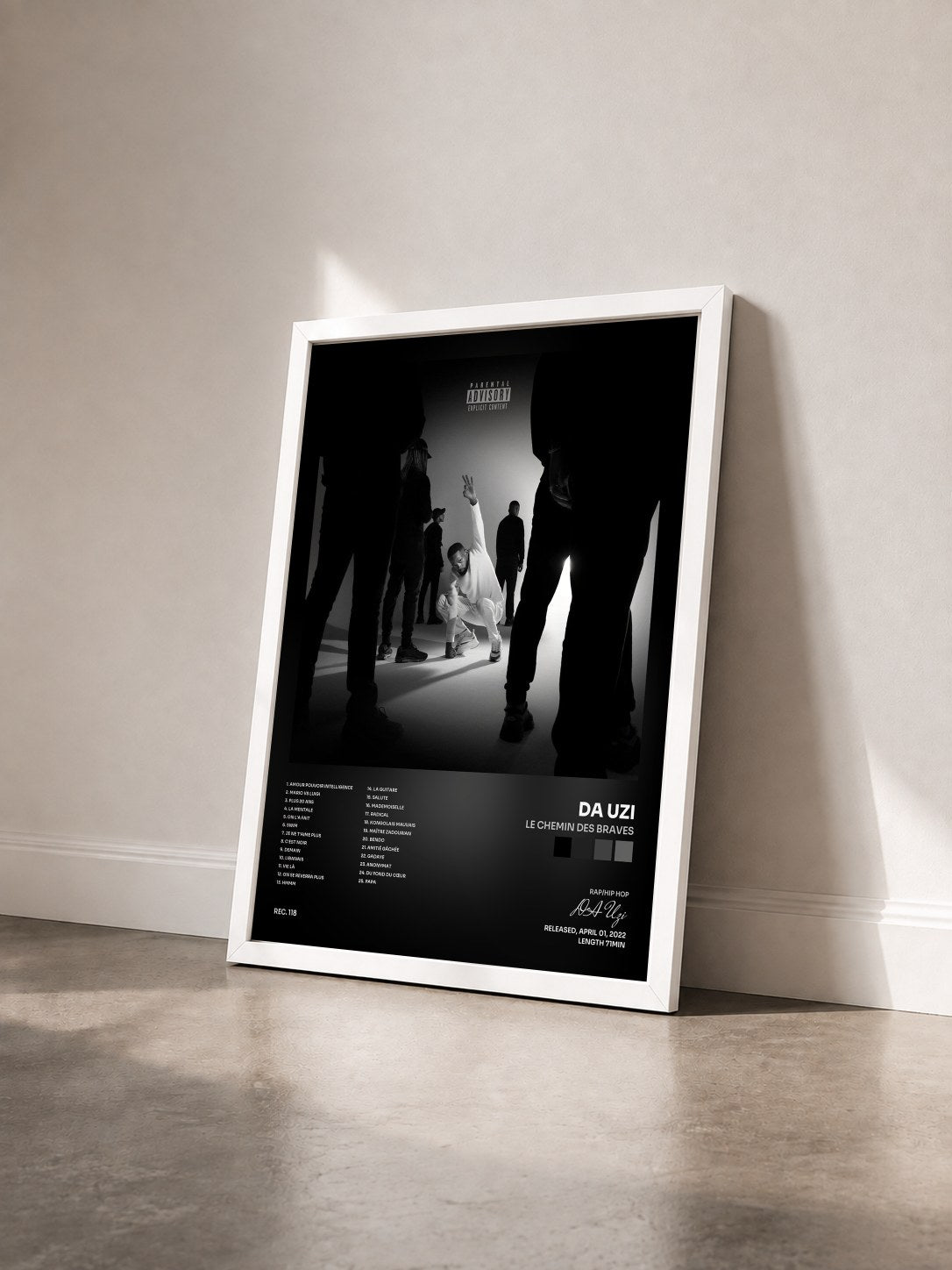 #blanc Le chemin des braves by DA Uzi as a framed art print seen at an angle, white frame