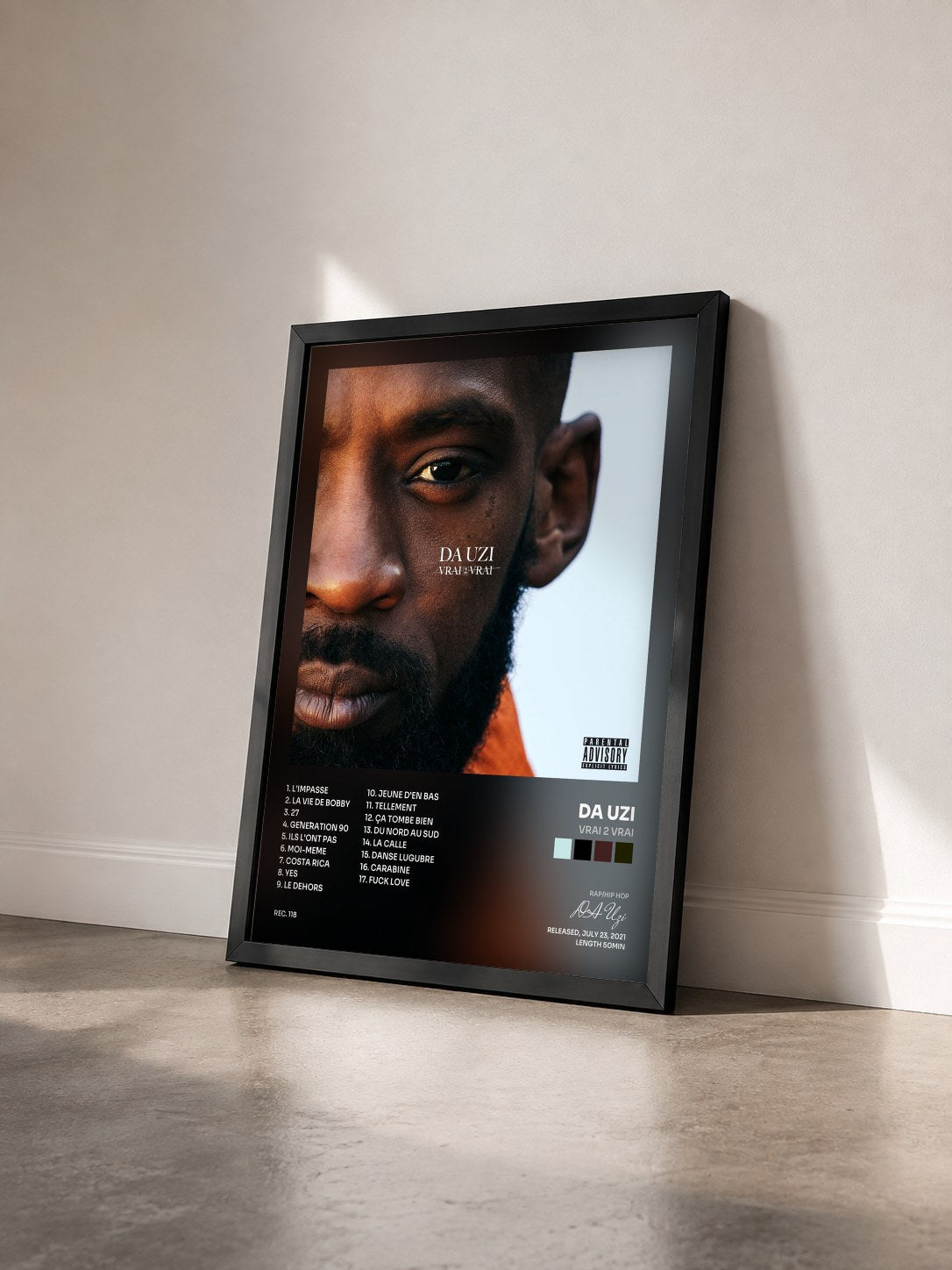 #noir Vrai 2 vrai by DA Uzi as a framed art print seen at an angle, black frame