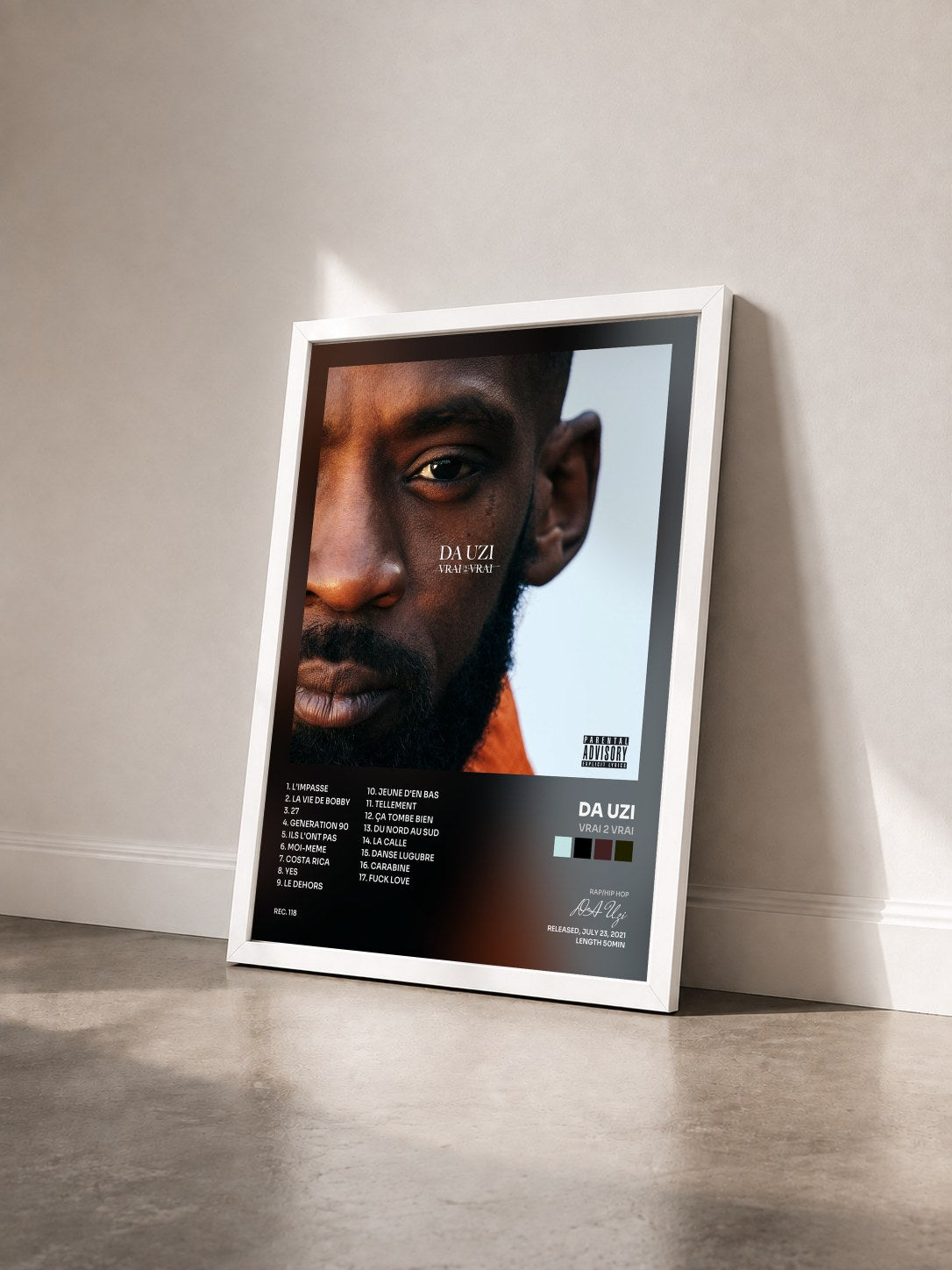 #blanc Vrai 2 vrai by DA Uzi as a framed art print seen at an angle, white frame
