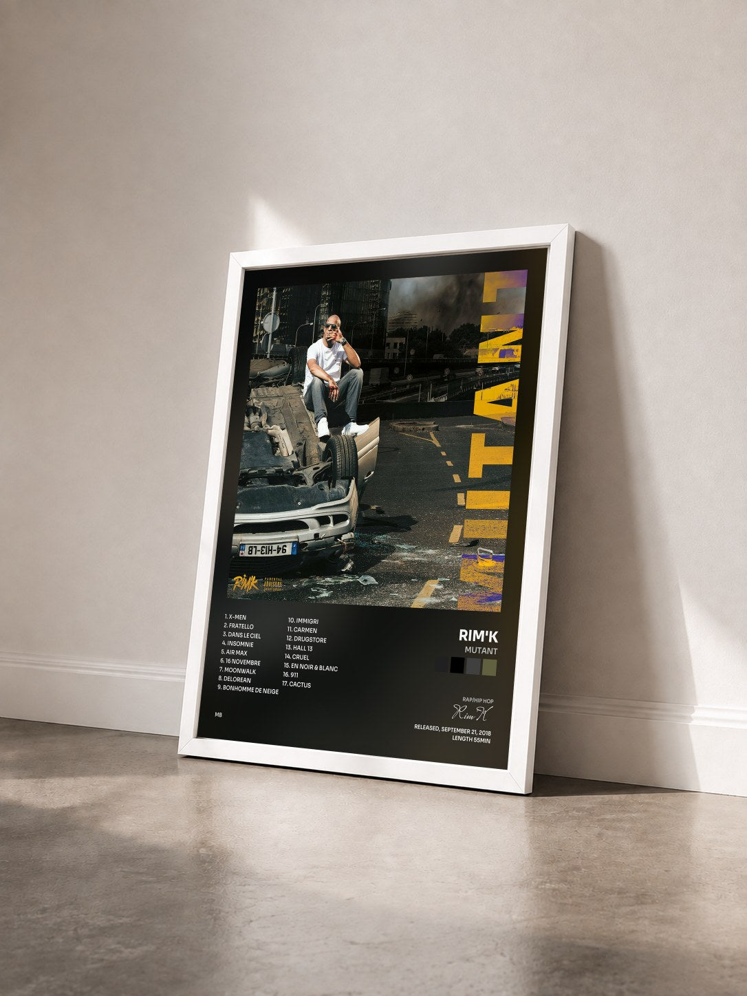 #blanc Tableau de l'album Mutant de Rim'K vu de trois quarts, cadre blanc