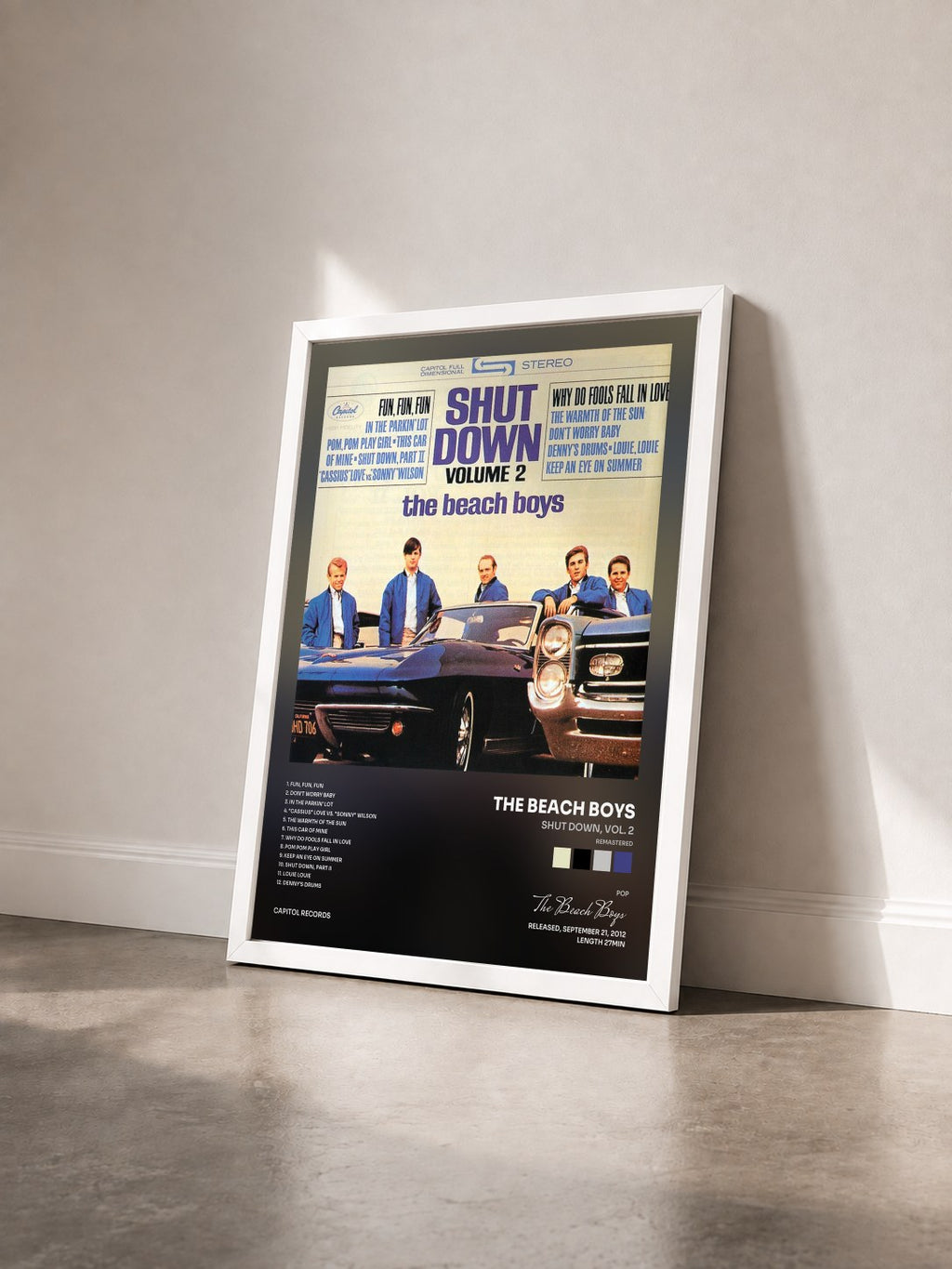 #blanc Shut Down, Vol. 2 (Remastered) by The Beach Boys as a framed art print seen at an angle, white frame