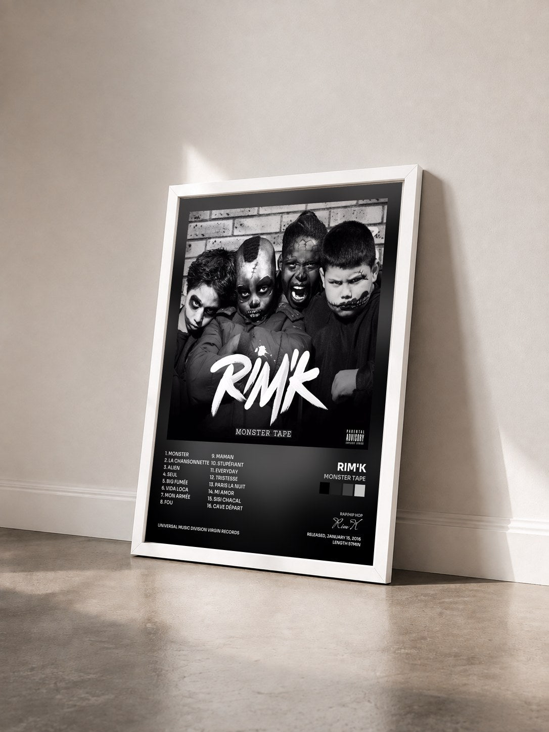 #blanc Tableau de l'album Monster Tape de Rim'K vu de trois quarts, cadre blanc