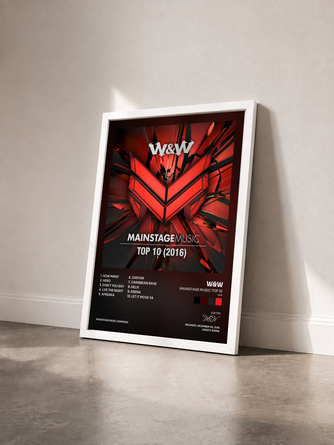 #blanc Tableau de l'album Mainstage Music Top 10 (2016) de W&W vu de trois quarts, cadre blanc