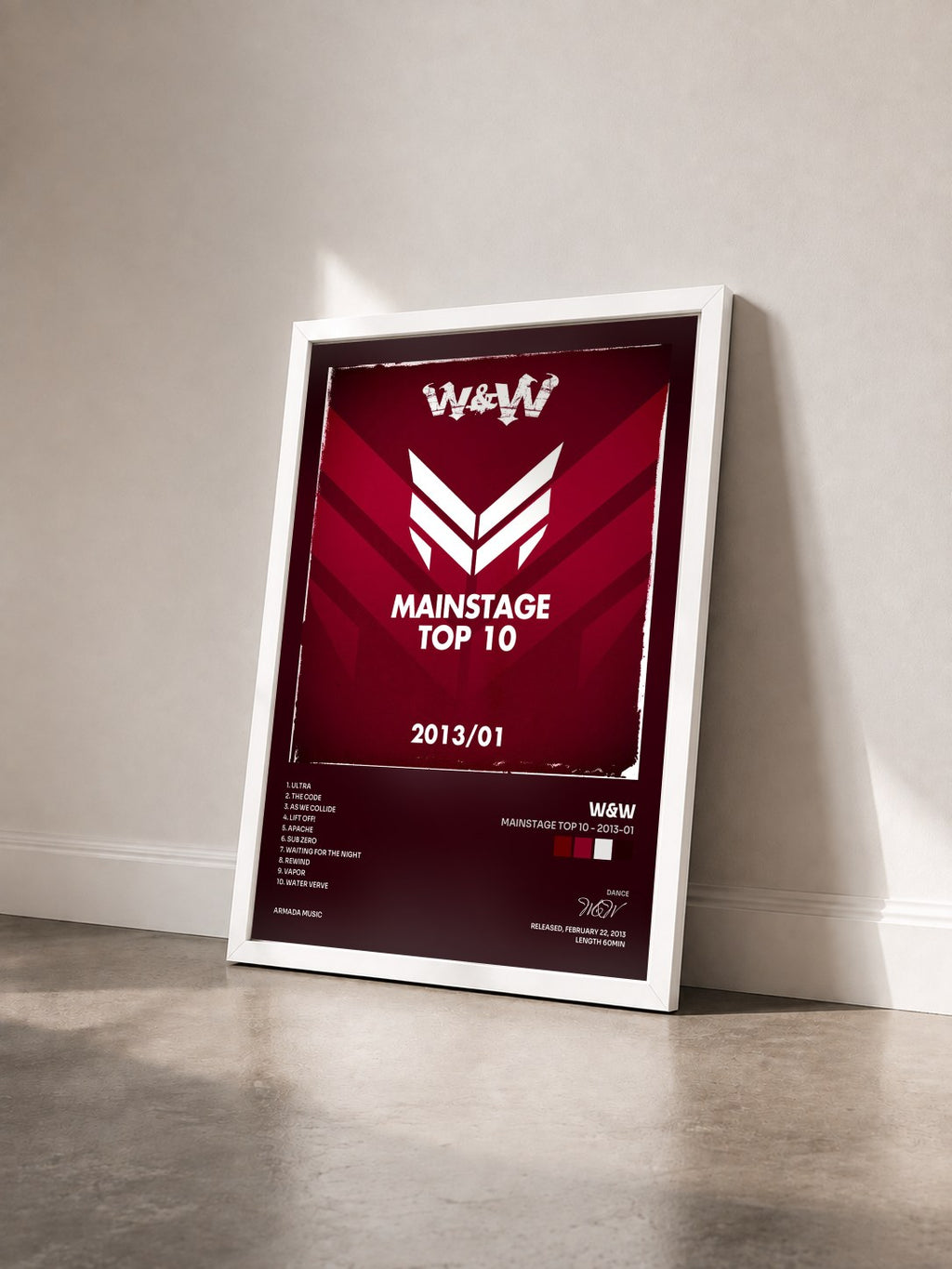#blanc Tableau de l'album Mainstage Top 10 - 2013-01 de W&W vu de trois quarts, cadre blanc