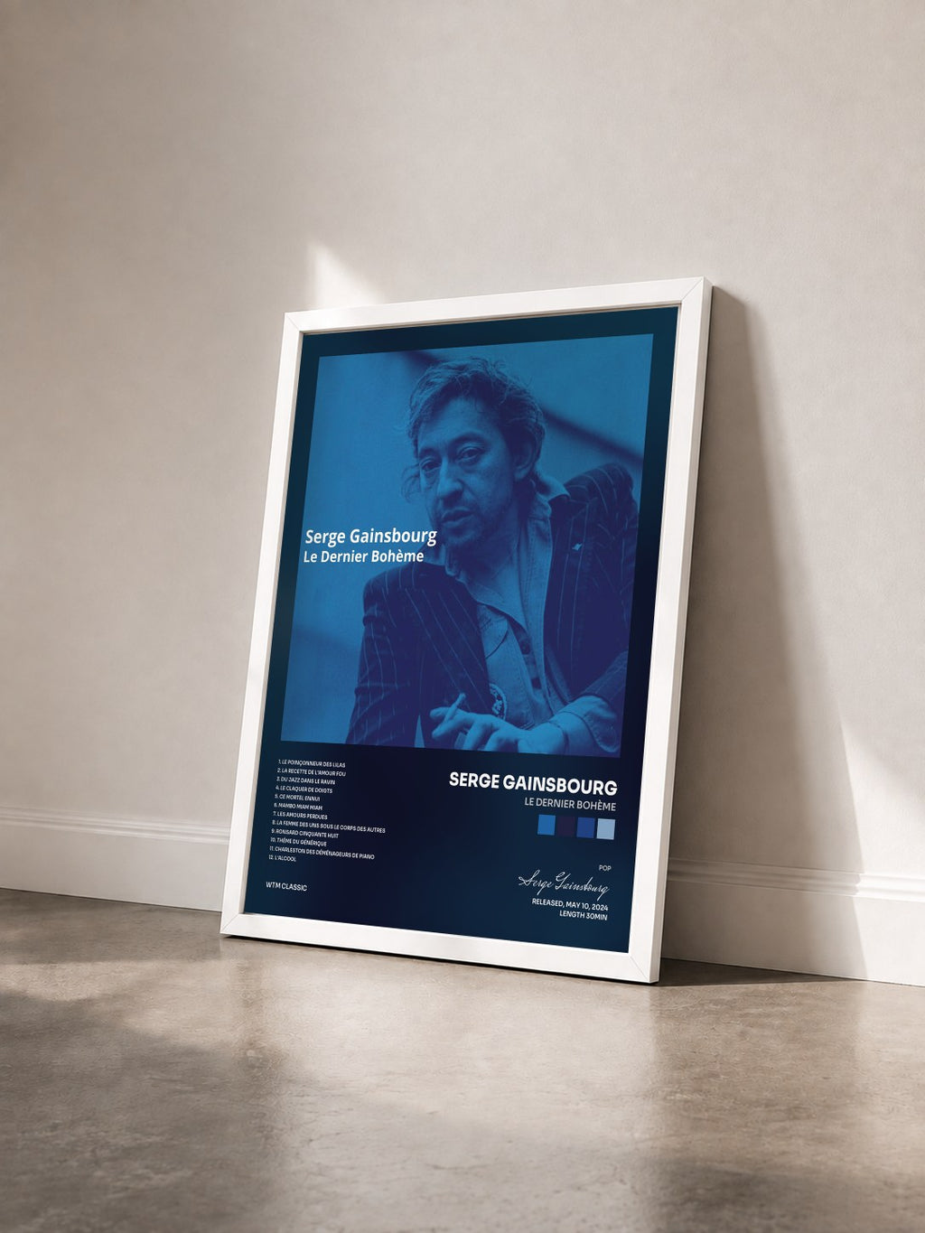 #blanc Tableau de l'album Le Dernier Bohème de Serge Gainsbourg vu de trois quarts, cadre blanc