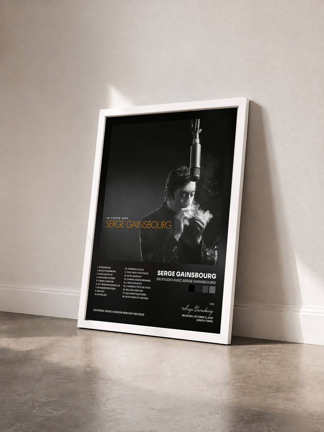 #blanc Tableau de l'album En studio avec Serge Gainsbourg de Serge Gainsbourg vu de trois quarts, cadre blanc