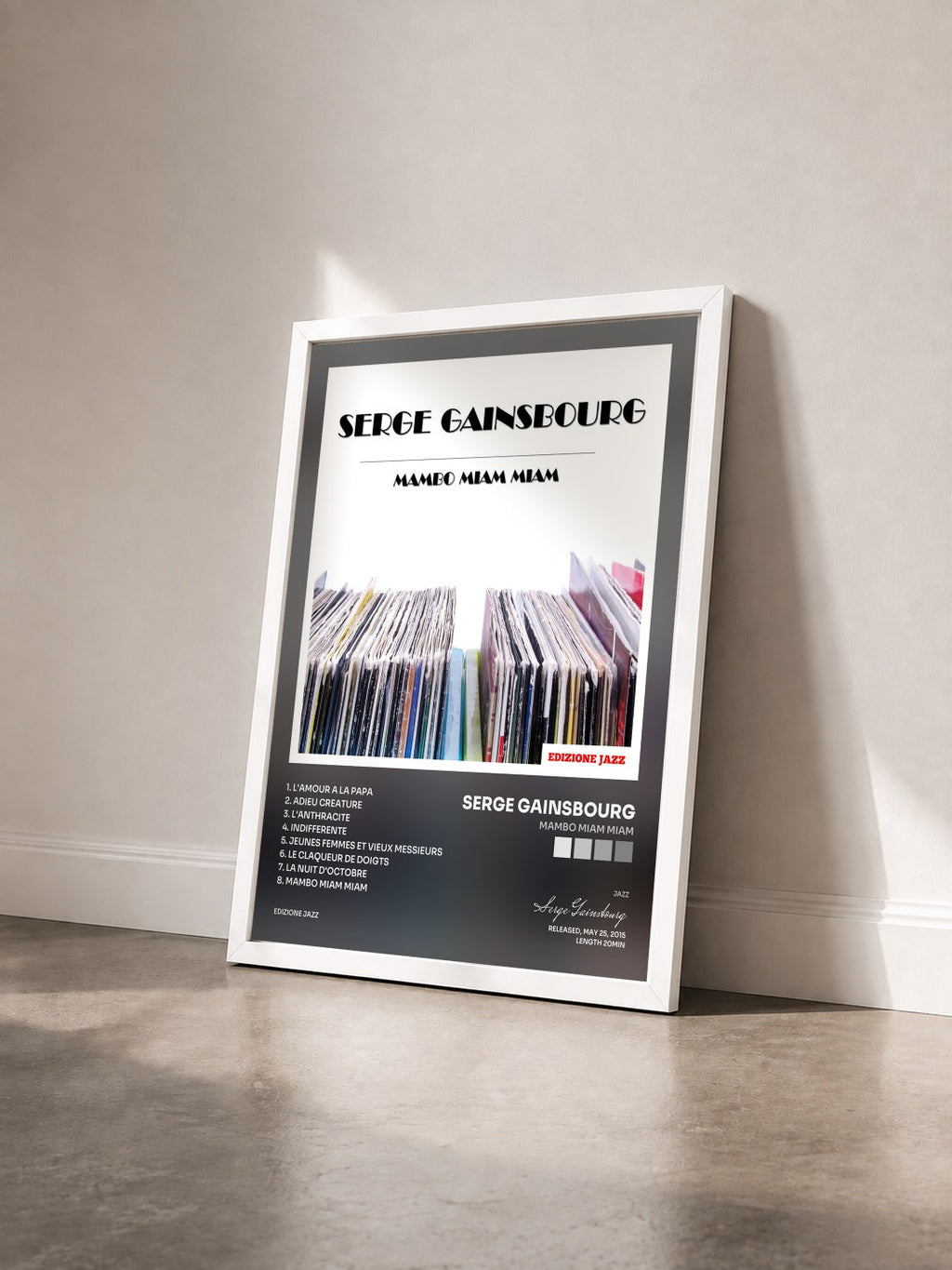 #blanc Tableau de l'album Mambo Miam Miam de Serge Gainsbourg vu de trois quarts, cadre blanc