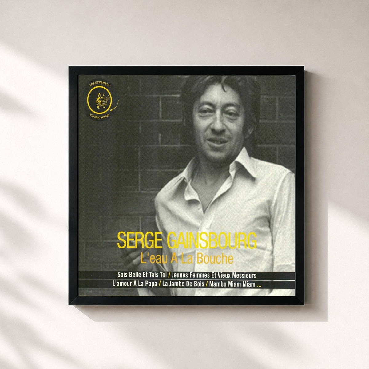 #noir Tableau carré de l'album L'eau à la bouche de Serge Gainsbourg, cadre noir 32x32 cm