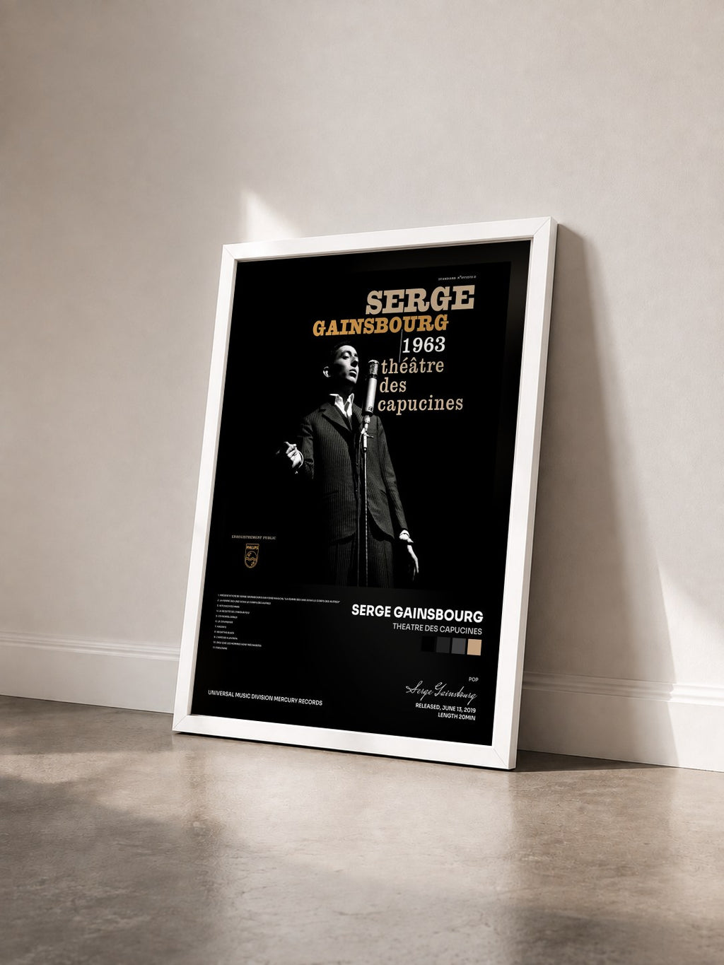 #blanc Tableau de l'album Theatre Des Capucines de Serge Gainsbourg vu de trois quarts, cadre blanc