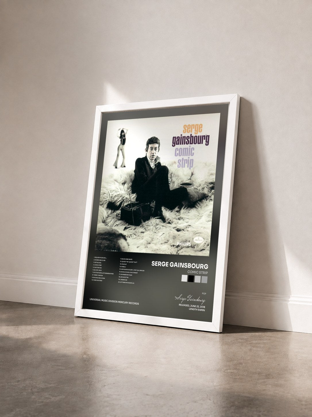 #blanc Tableau de l'album Comic Strip de Serge Gainsbourg vu de trois quarts, cadre blanc
