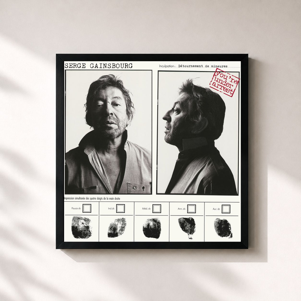 #noir Tableau carré de l'album You're Under Arrest de Serge Gainsbourg, cadre noir 32x32 cm