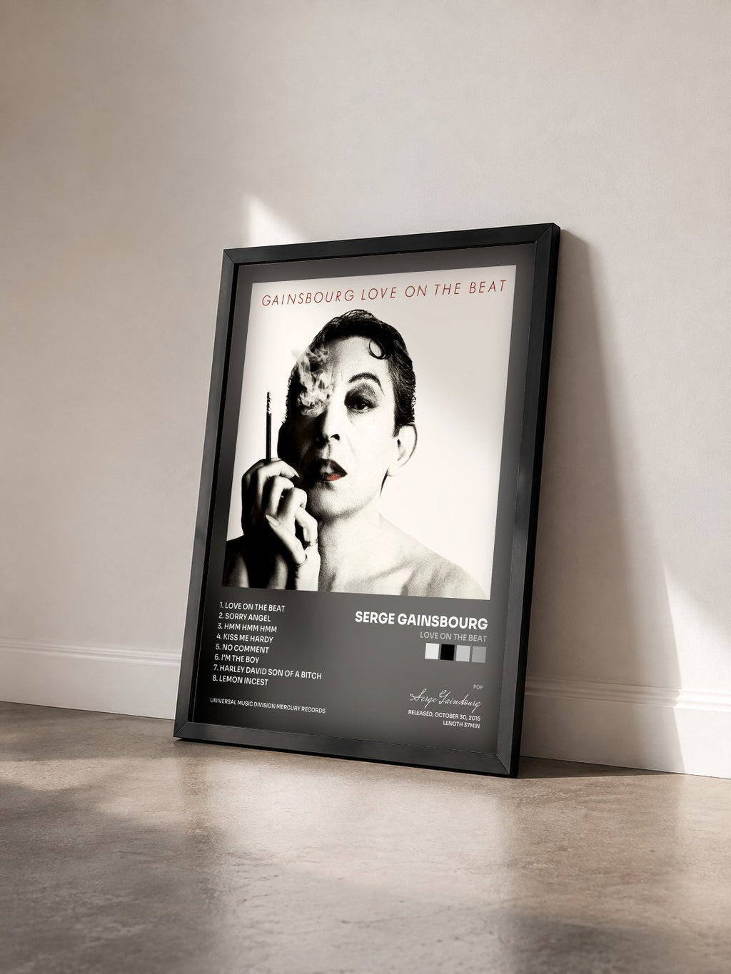 #noir Tableau de l'album Love On The Beat de Serge Gainsbourg vu de trois quarts, cadre noir
