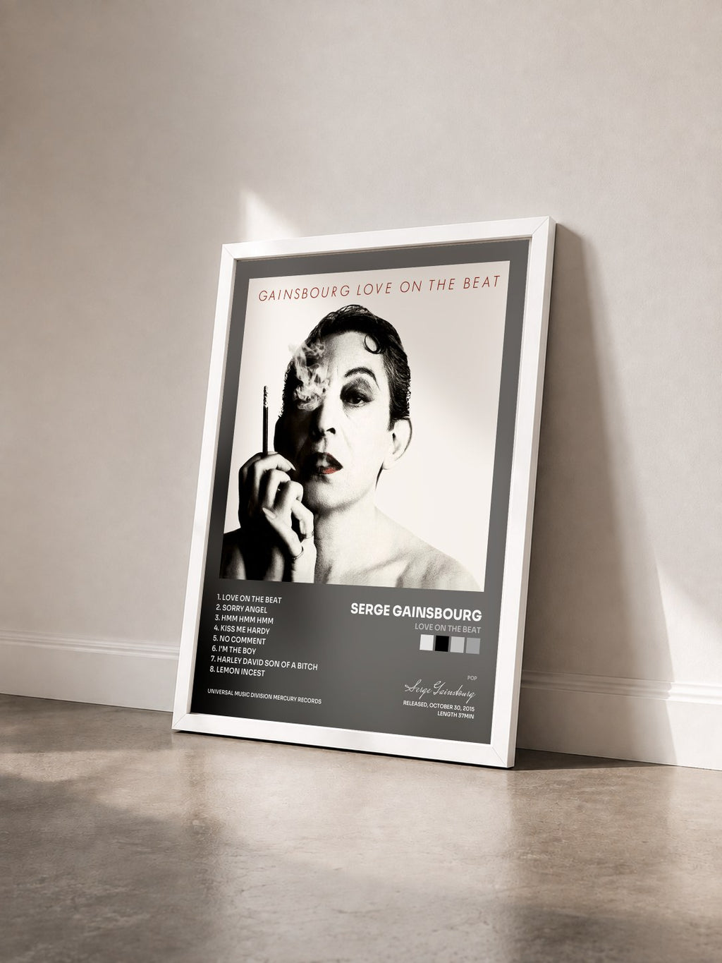 #blanc Tableau de l'album Love On The Beat de Serge Gainsbourg vu de trois quarts, cadre blanc