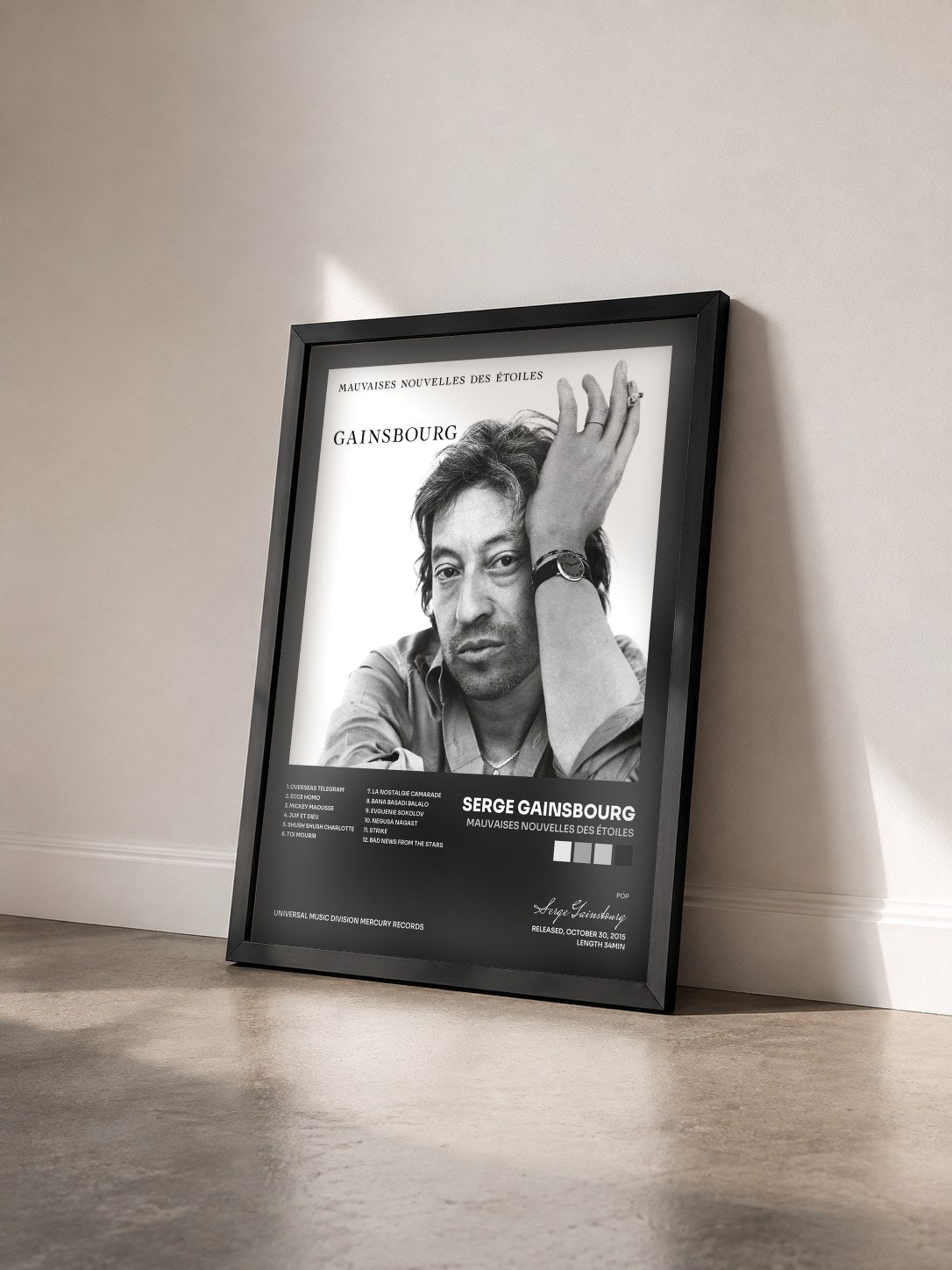 #noir Tableau de l'album Mauvaises nouvelles des étoiles de Serge Gainsbourg vu de trois quarts, cadre noir
