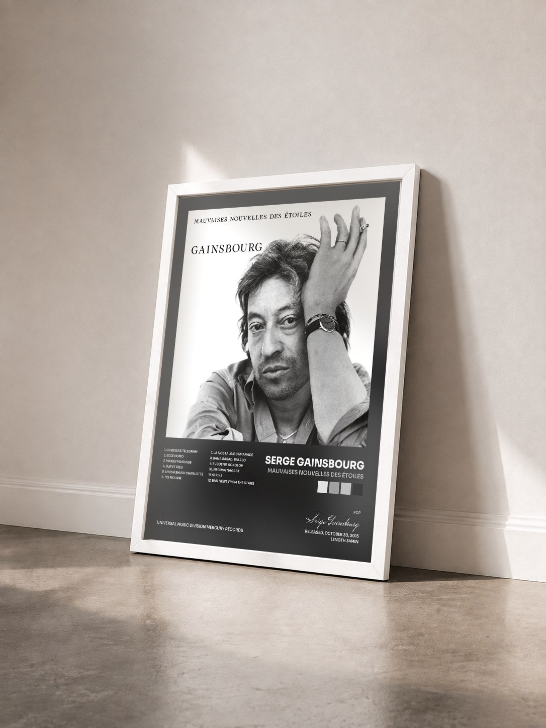 #blanc Tableau de l'album Mauvaises nouvelles des étoiles de Serge Gainsbourg vu de trois quarts, cadre blanc