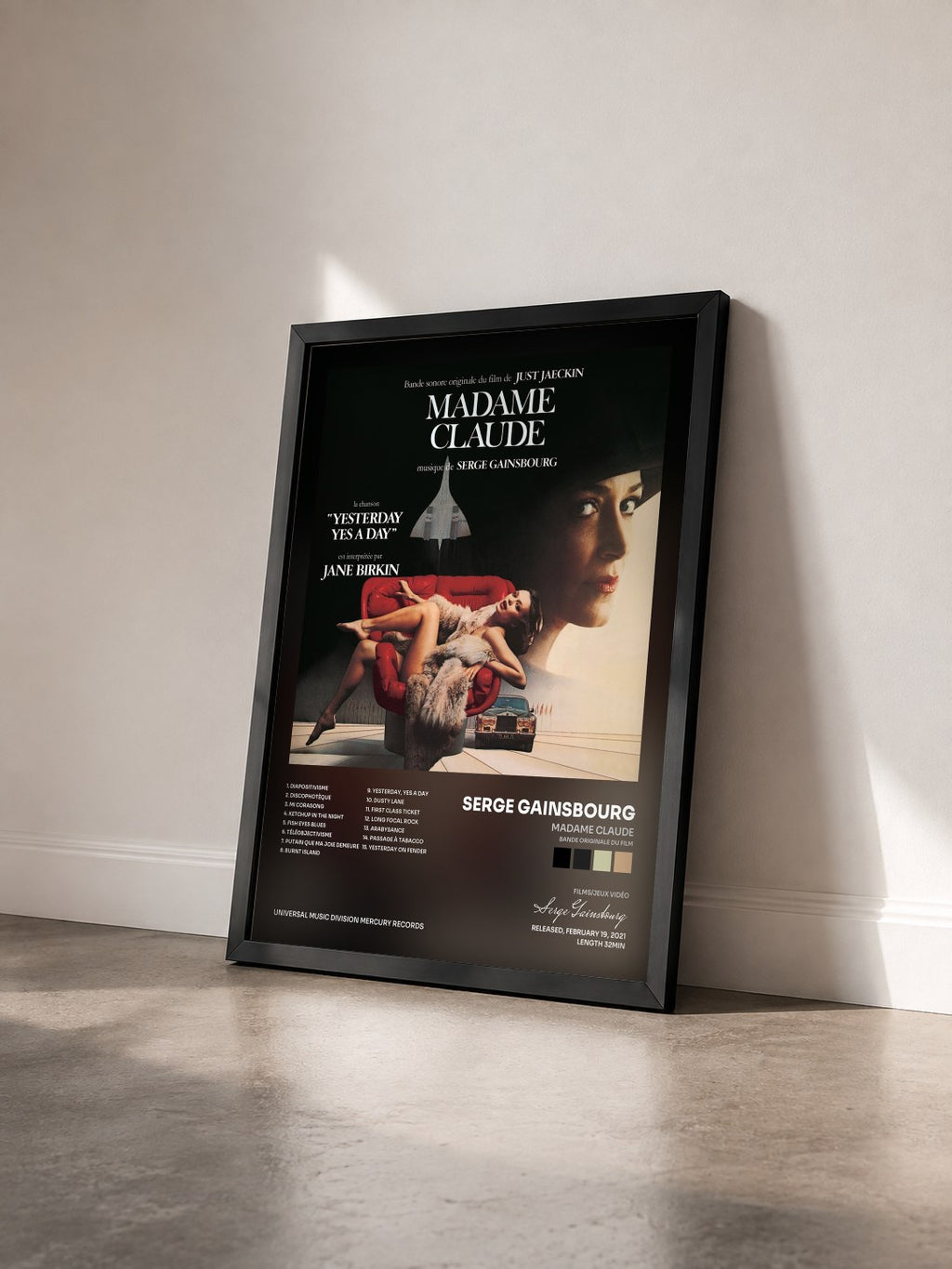 #noir Tableau de l'album Madame Claude (Bande originale du film) de Serge Gainsbourg vu de trois quarts, cadre noir