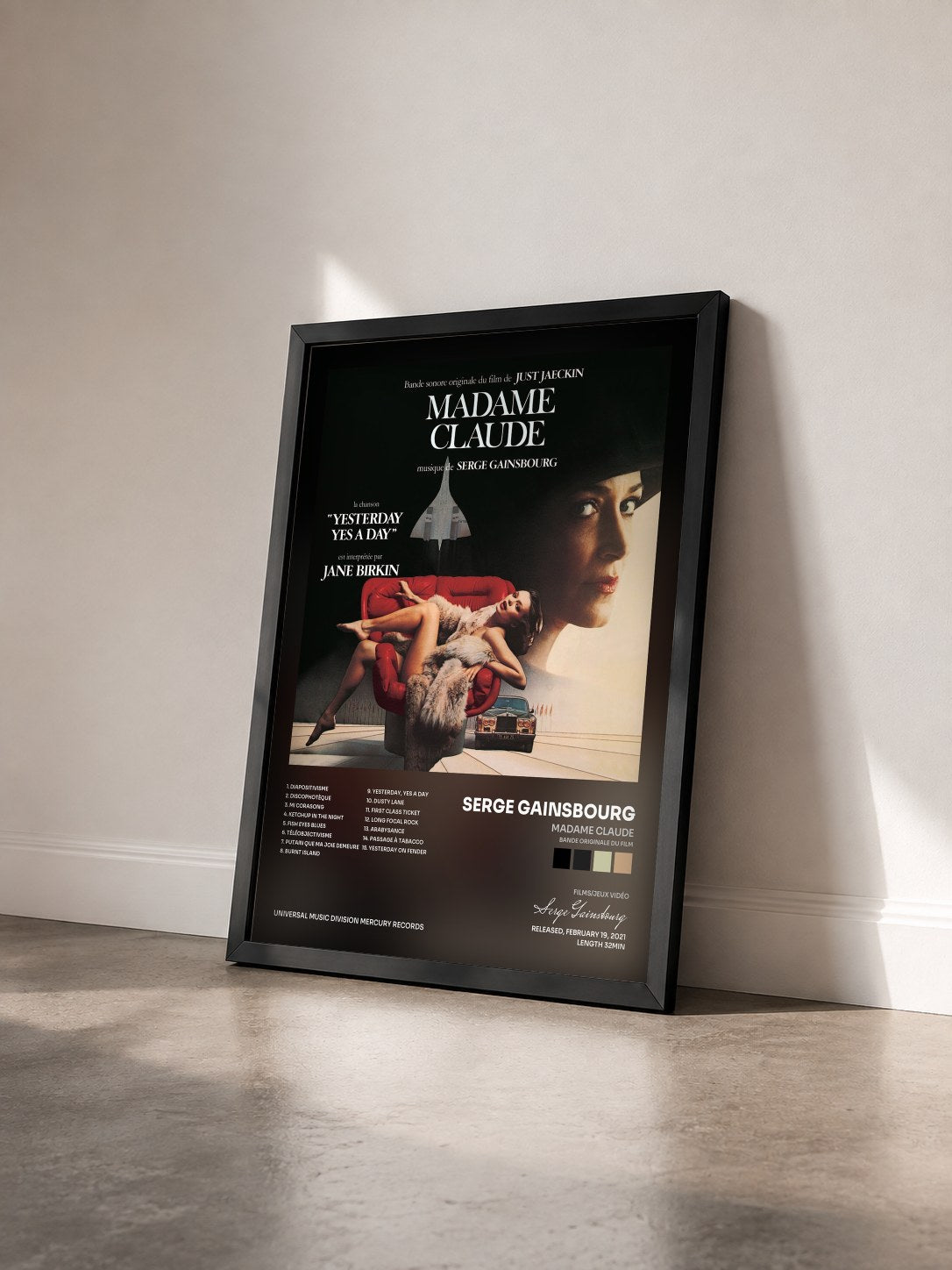 #noir Tableau de l'album Madame Claude (Bande originale du film) de Serge Gainsbourg vu de trois quarts, cadre noir