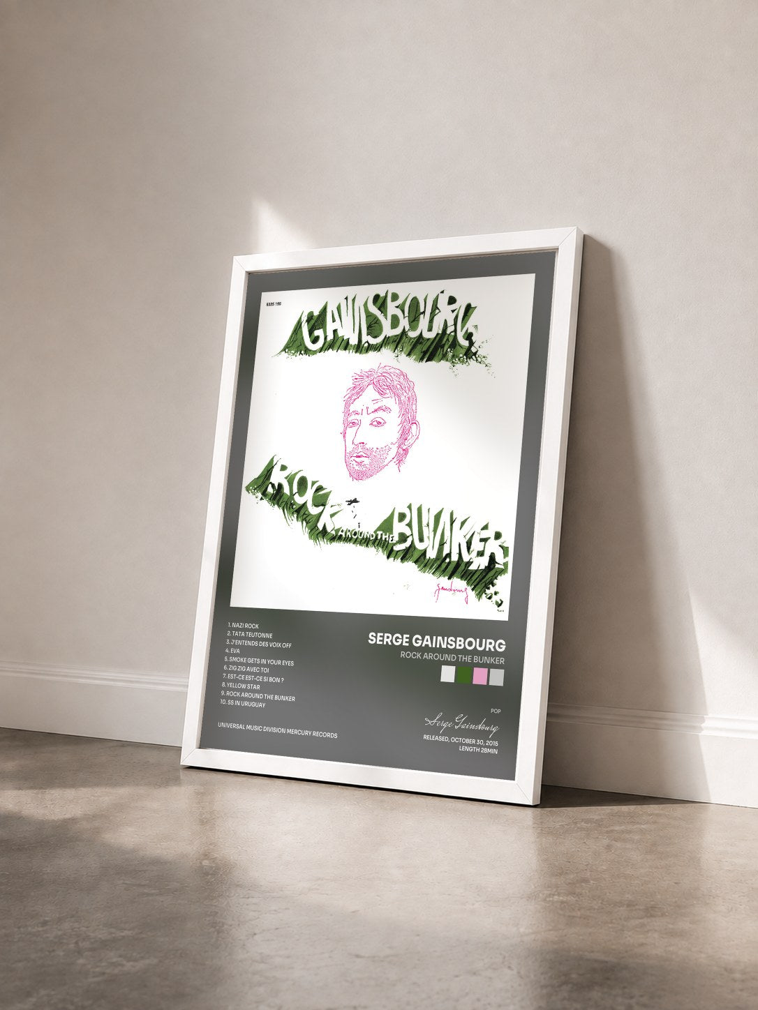 #blanc Tableau de l'album Rock Around The Bunker de Serge Gainsbourg vu de trois quarts, cadre blanc