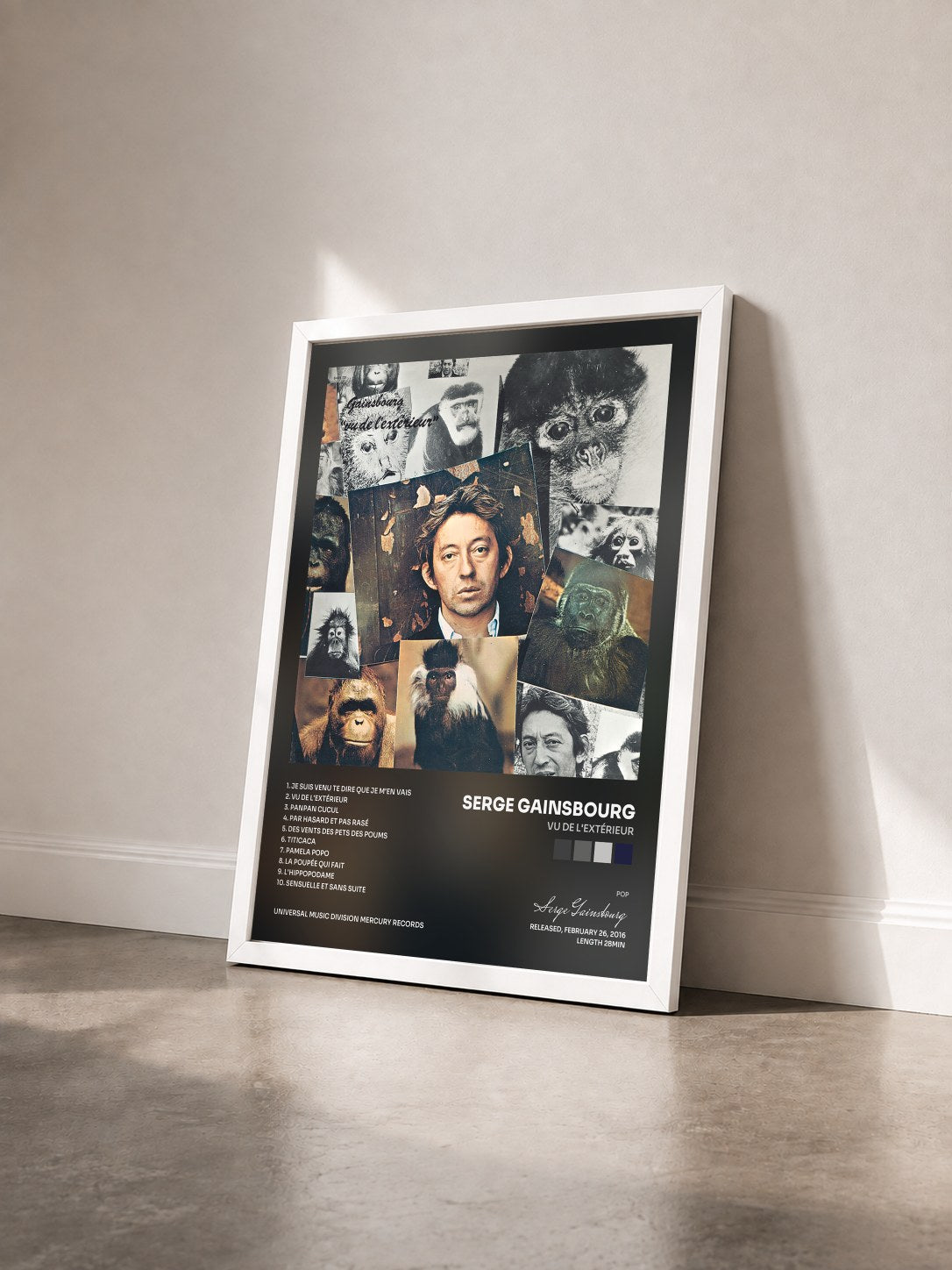 #blanc Tableau de l'album Vu de l'extérieur de Serge Gainsbourg vu de trois quarts, cadre blanc