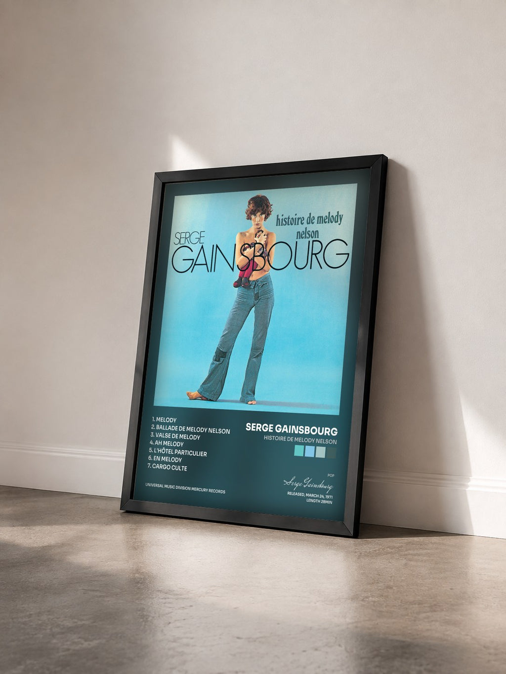 #noir Histoire di Melody Nelson de Serge Gainsbourg in stampa incorniciata vista di tre quarti, cornice nera