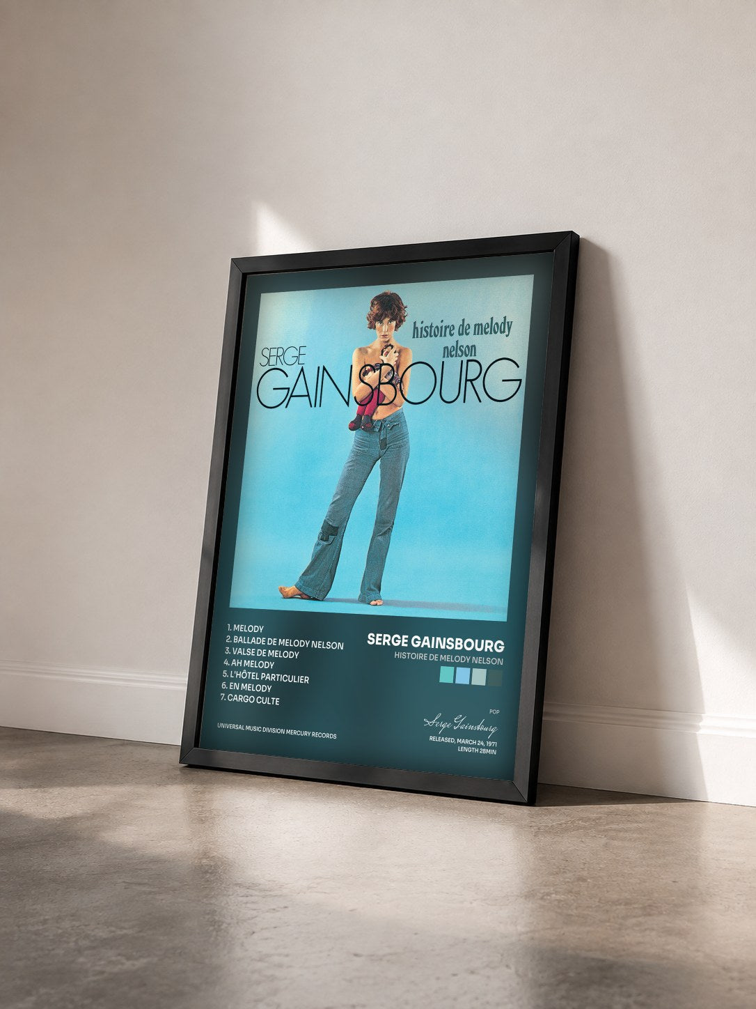 #noir Tableau de l'album Histoire de Melody Nelson de Serge Gainsbourg vu de trois quarts, cadre noir