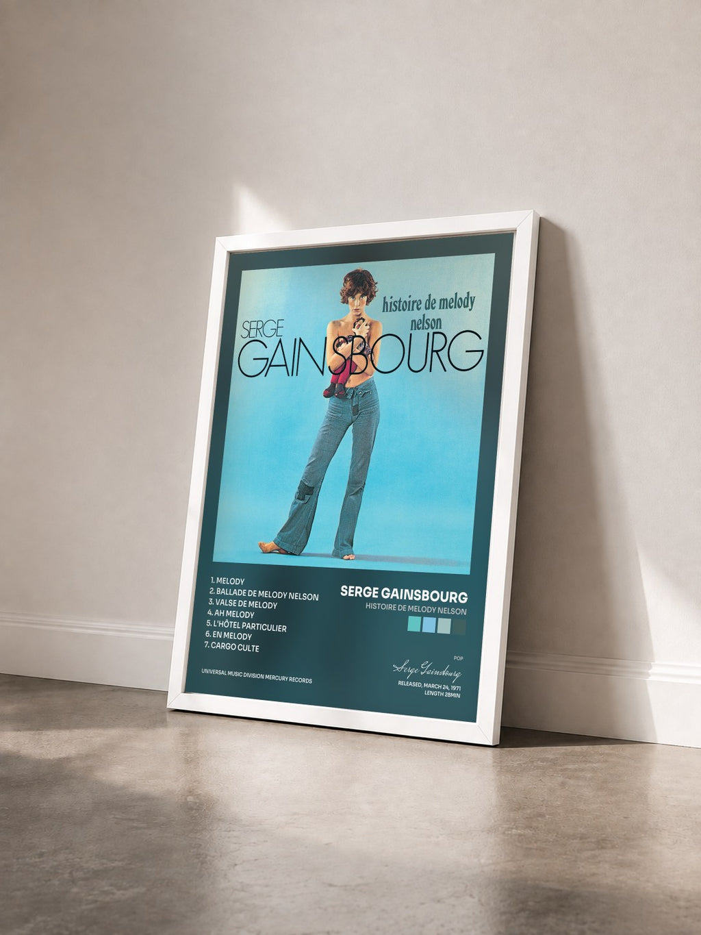 #blanc Histoire di Melody Nelson de Serge Gainsbourg in stampa incorniciata vista di tre quarti, cornice bianca