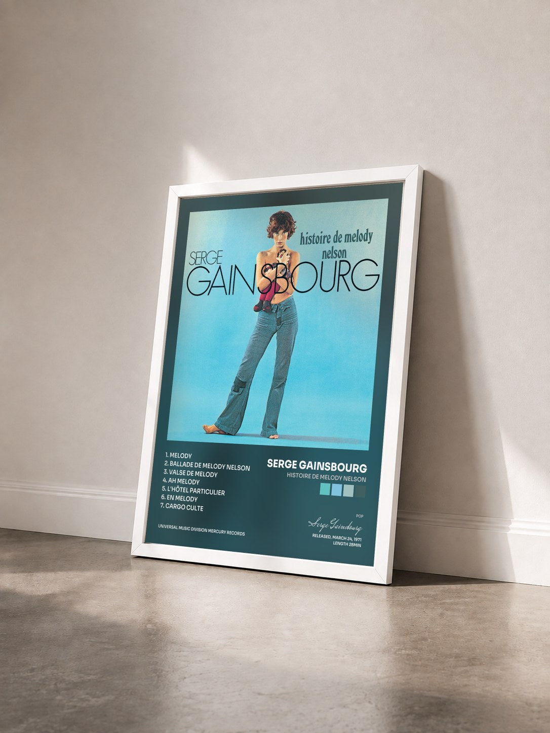#blanc Tableau de l'album Histoire de Melody Nelson de Serge Gainsbourg vu de trois quarts, cadre blanc