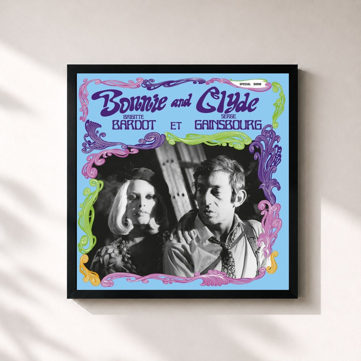 #noir Tableau carré de l'album Bonnie And Clyde de Serge Gainsbourg, cadre noir 32x32 cm