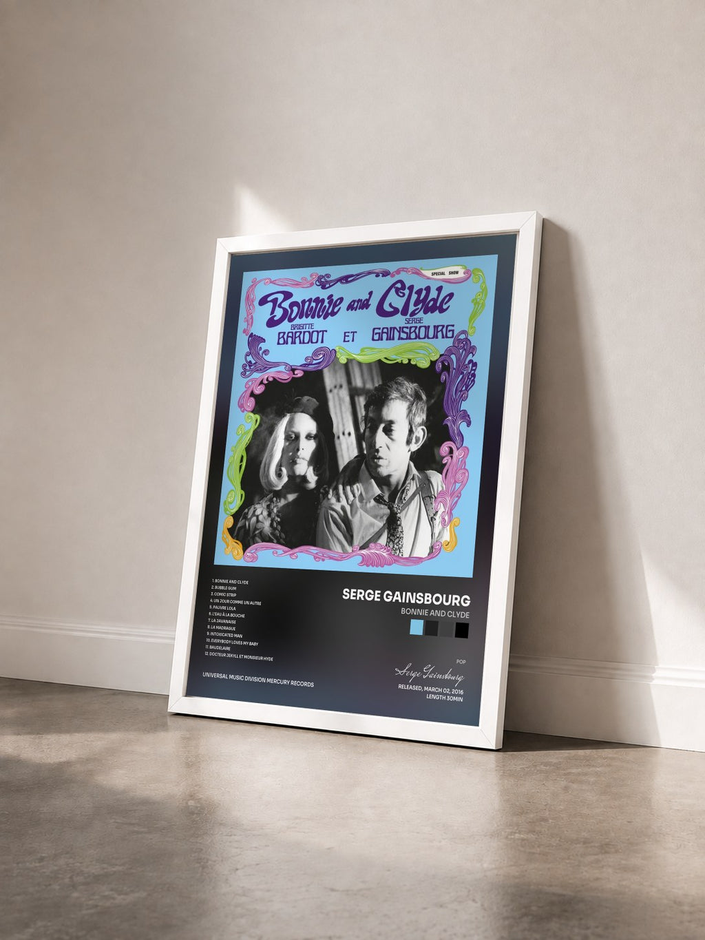 #blanc Tableau de l'album Bonnie And Clyde de Serge Gainsbourg vu de trois quarts, cadre blanc