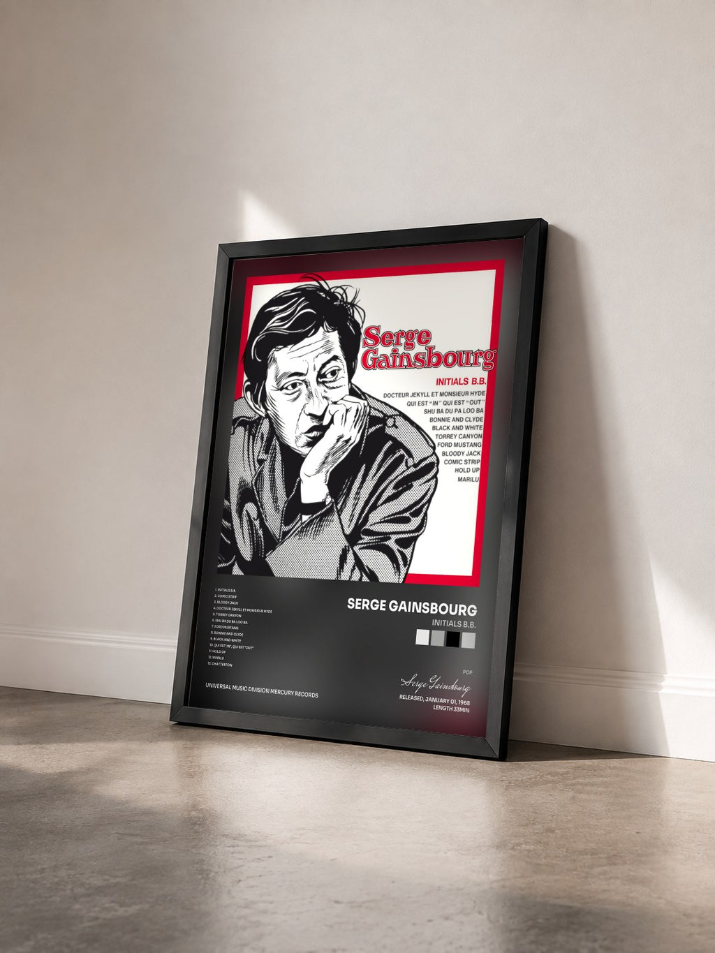 #noir Tableau de l'album Initials B.B. de Serge Gainsbourg vu de trois quarts, cadre noir
