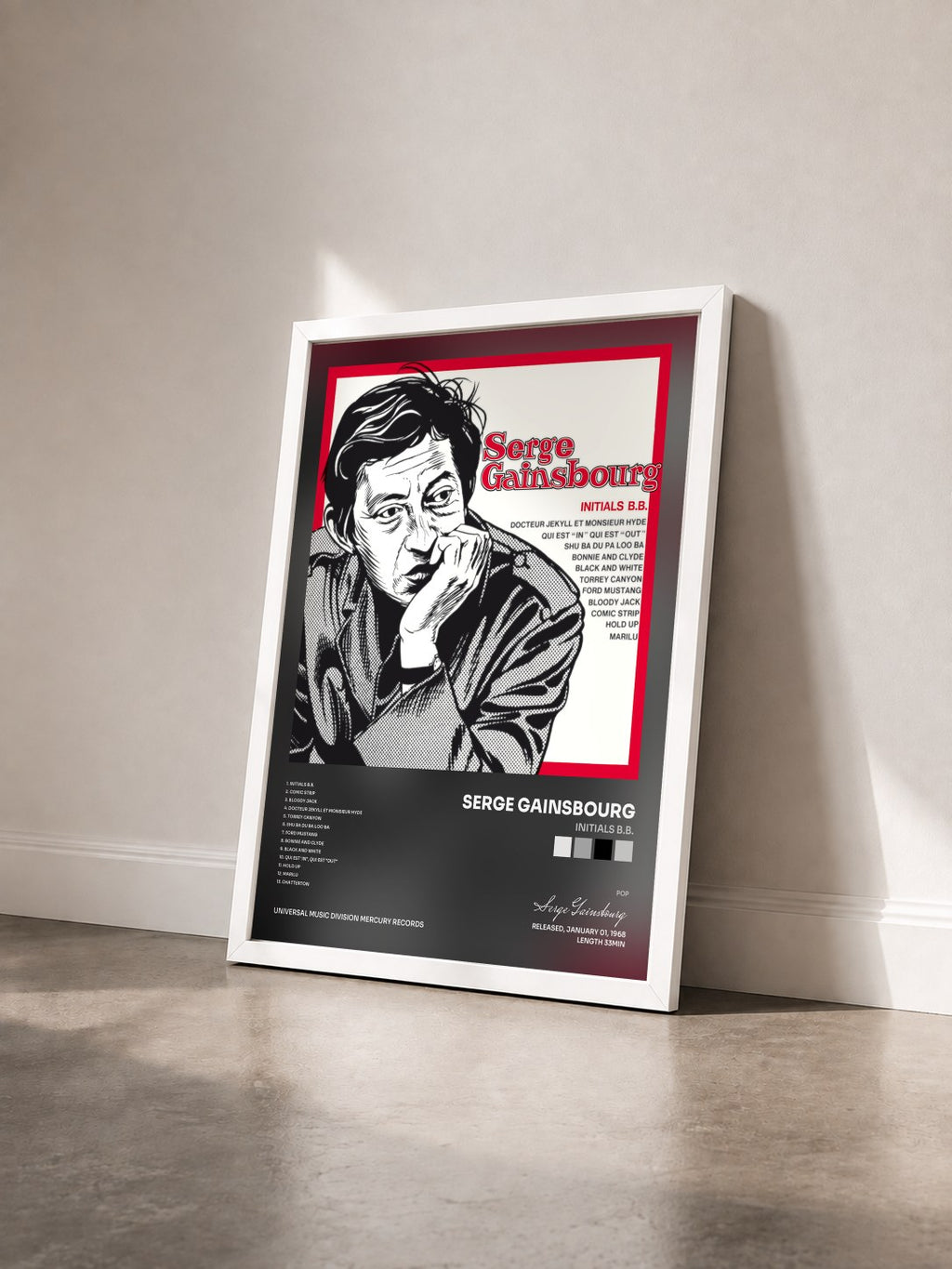 #blanc Tableau de l'album Initials B.B. de Serge Gainsbourg vu de trois quarts, cadre blanc