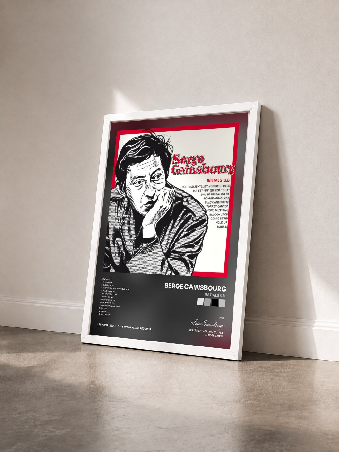 #blanc Tableau de l'album Initials B.B. de Serge Gainsbourg vu de trois quarts, cadre blanc