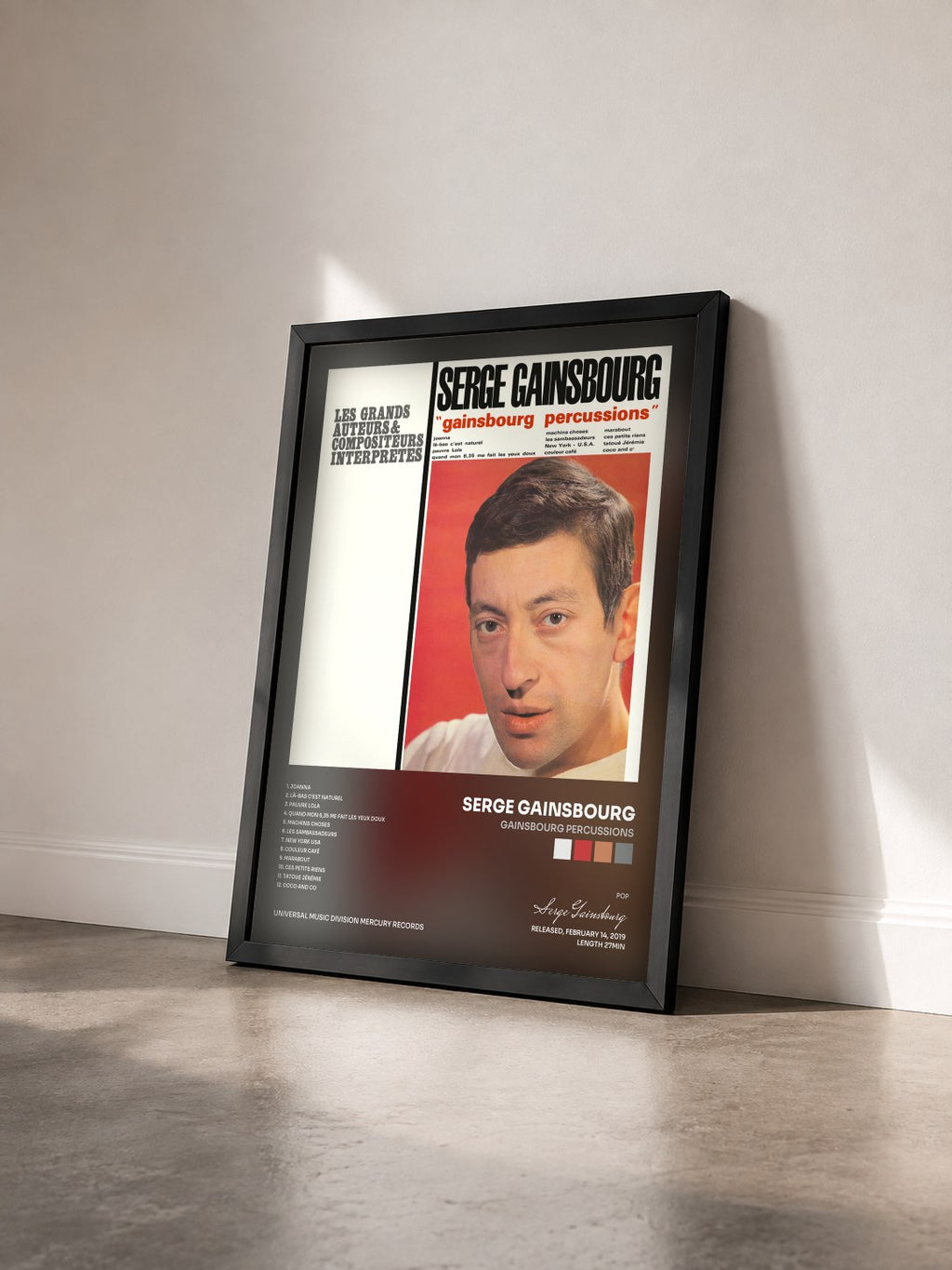 #noir Tableau de l'album Gainsbourg percussions de Serge Gainsbourg vu de trois quarts, cadre noir