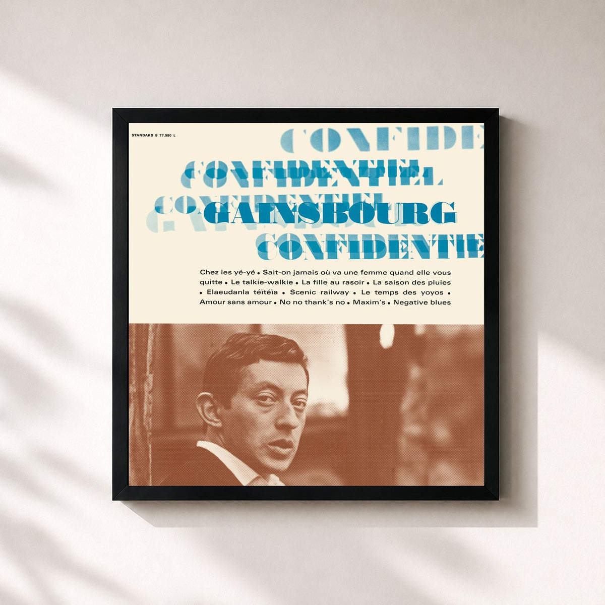 #noir Tableau carré de l'album Confidentiel de Serge Gainsbourg, cadre noir 32x32 cm