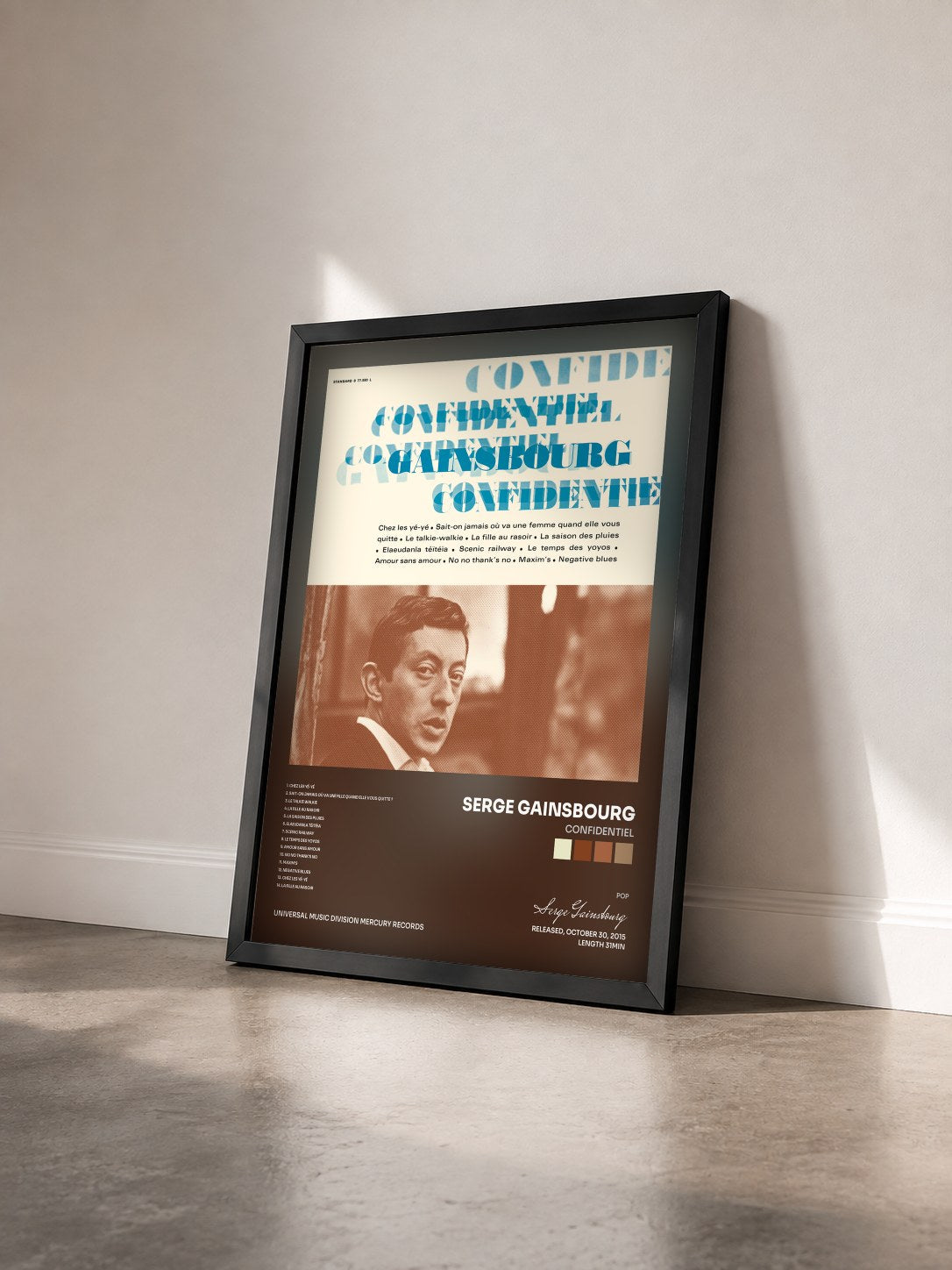 #noir Tableau de l'album Confidentiel de Serge Gainsbourg vu de trois quarts, cadre noir