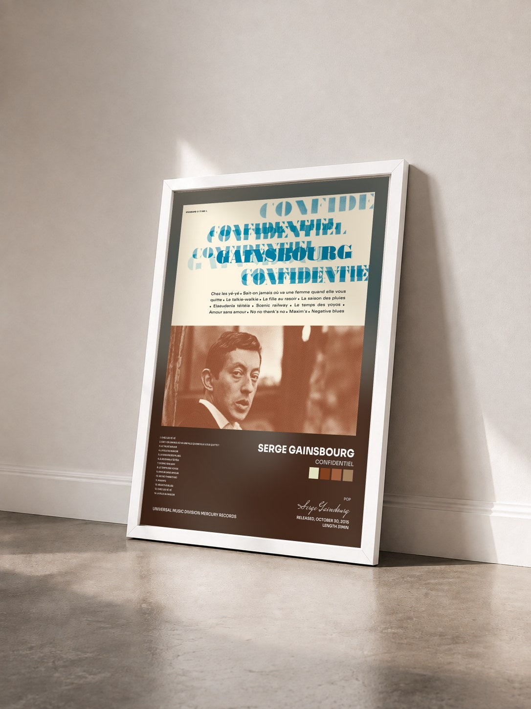 #blanc Tableau de l'album Confidentiel de Serge Gainsbourg vu de trois quarts, cadre blanc