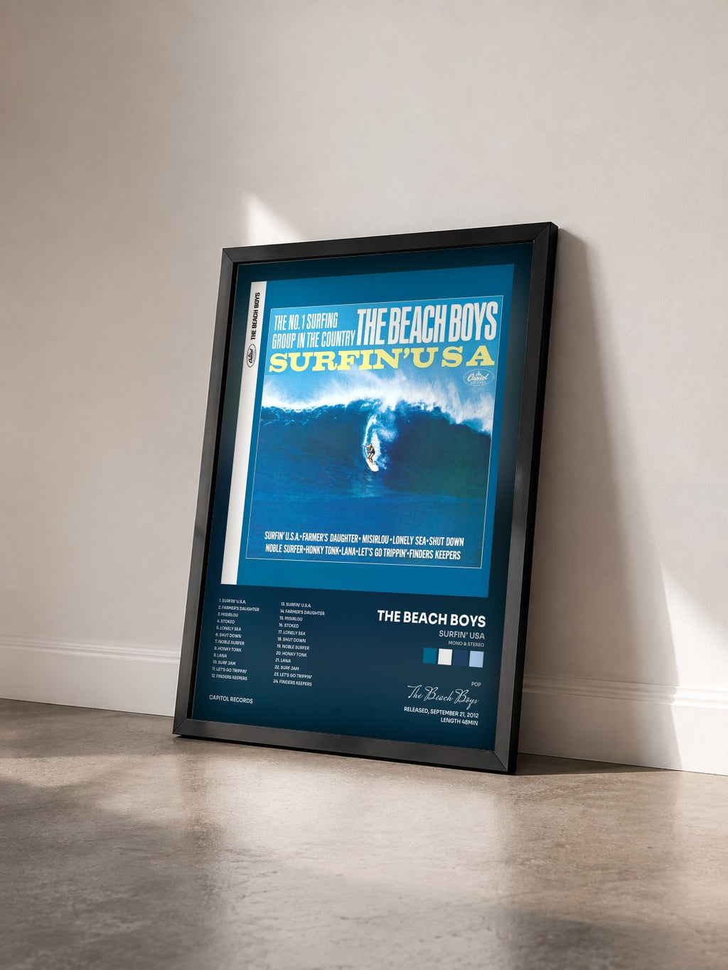#noir Surfin' USA (Mono & Stereo) di The Beach Boys in stampa incorniciata vista di tre quarti, cornice nera