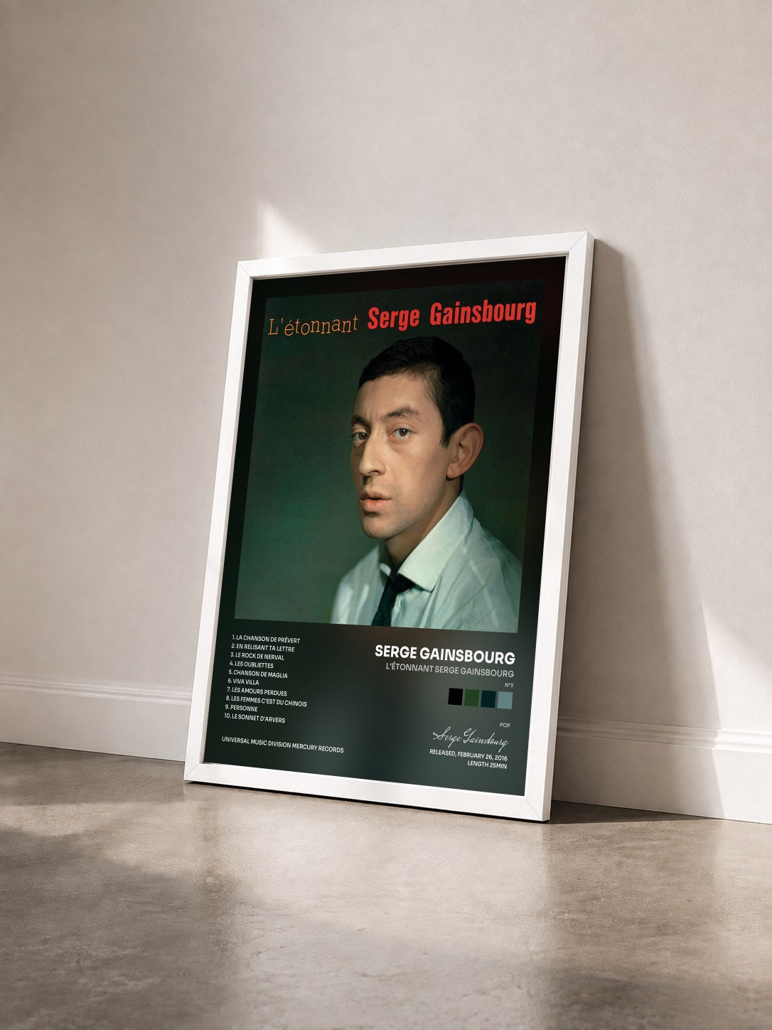 #blanc Tableau de l'album L'étonnant Serge Gainsbourg (N°3) de Serge Gainsbourg vu de trois quarts, cadre blanc