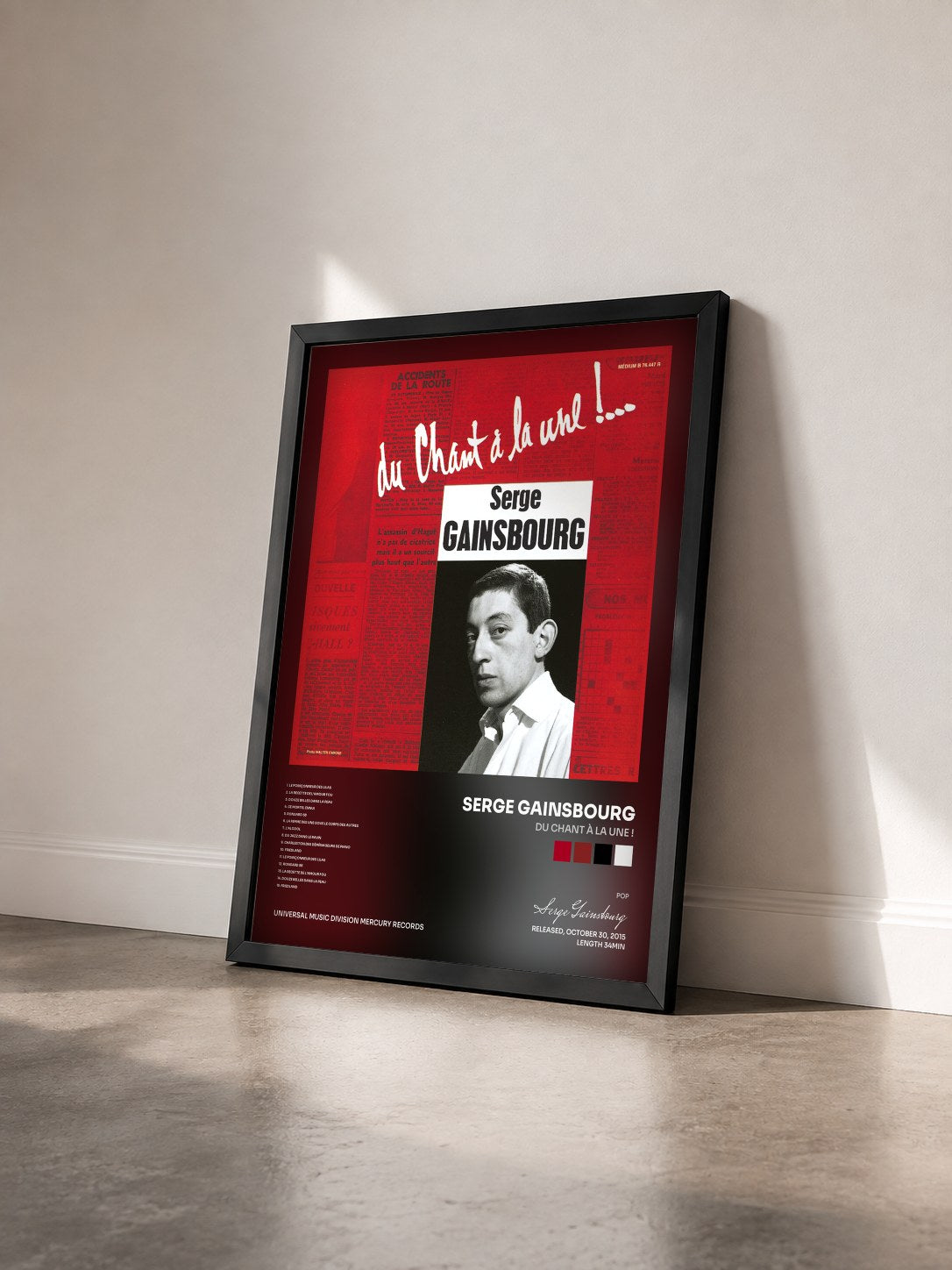 #noir Tableau de l'album Du chant à la une ! de Serge Gainsbourg vu de trois quarts, cadre noir