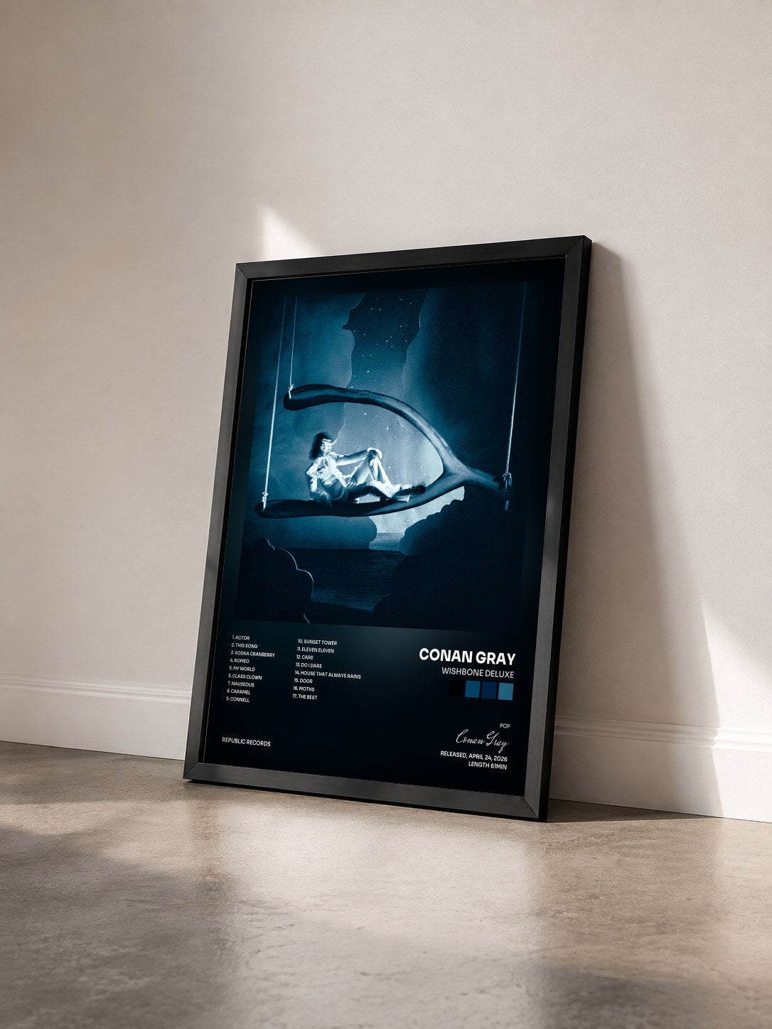 #noir Tableau de l'album Wishbone Deluxe de Conan Gray vu de trois quarts, cadre noir