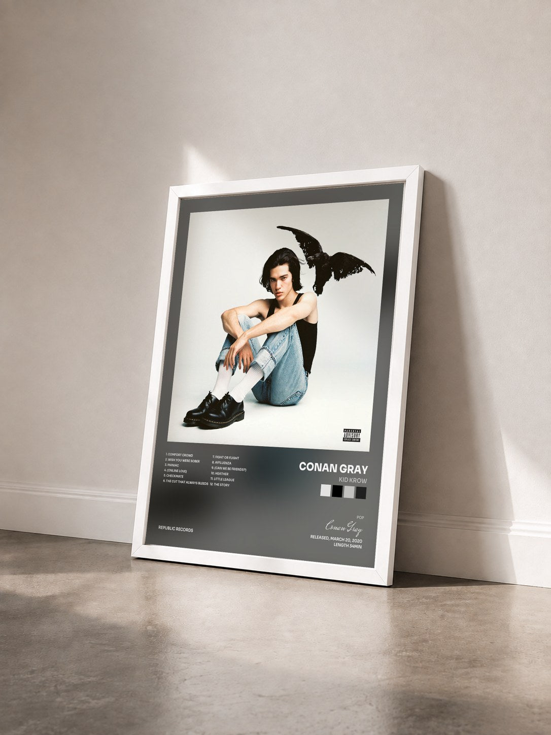 #blanc Tableau de l'album Kid Krow de Conan Gray vu de trois quarts, cadre blanc