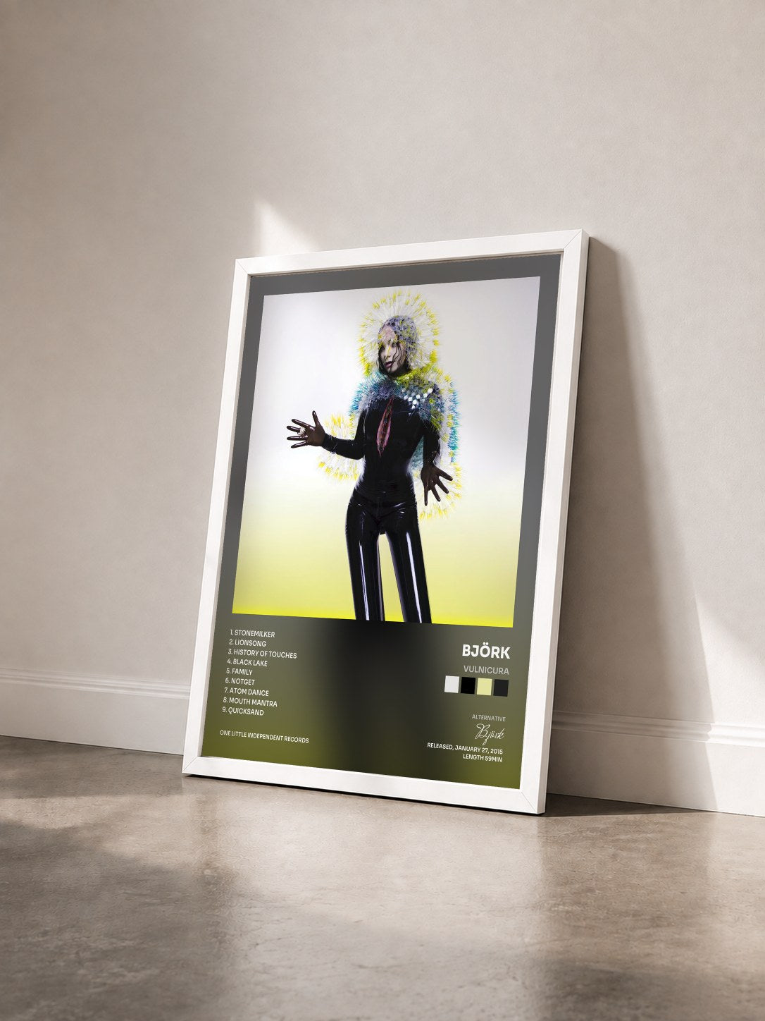 #blanc Tableau de l'album Vulnicura de Björk vu de trois quarts, cadre blanc